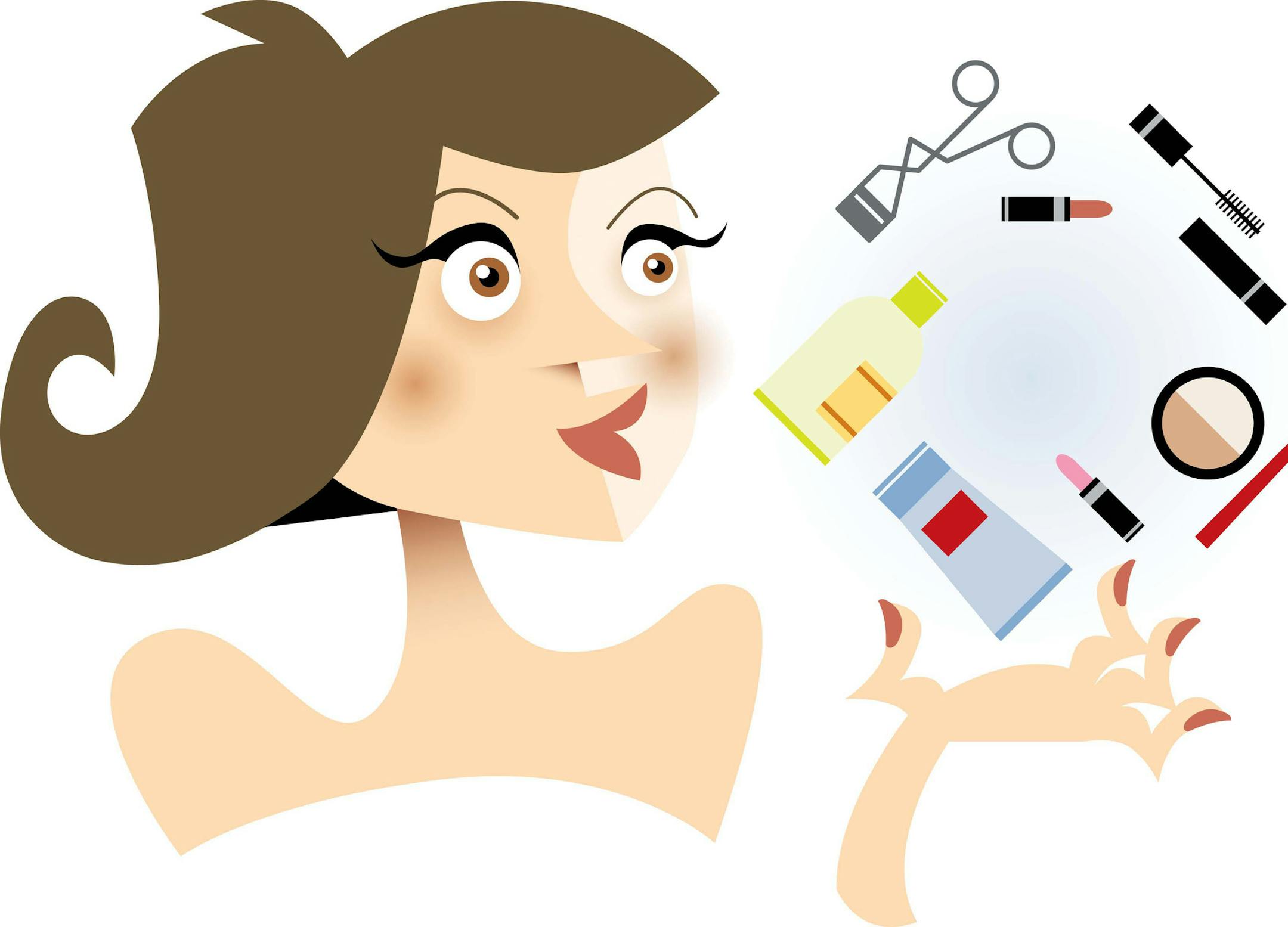 300 dpi Martin Gee color illustration of stylish woman and her basic beauty products: lipstick, mascara, foundation, etc. San Jose Mercury News 2008<p> beauty essentials illustration readerfavorites reader favorites makeup products lipstick mascara eyelash curler 10000000, krtfeatures features, krtlifestyle lifestyle, krtnational national, leisure, LIF, 10016000, beauty, FEA, LEI, krtdiversity diversity, woman women, 2008, krt2008, krt, mctillustration, sj contributed coddington gee mct2008 2008