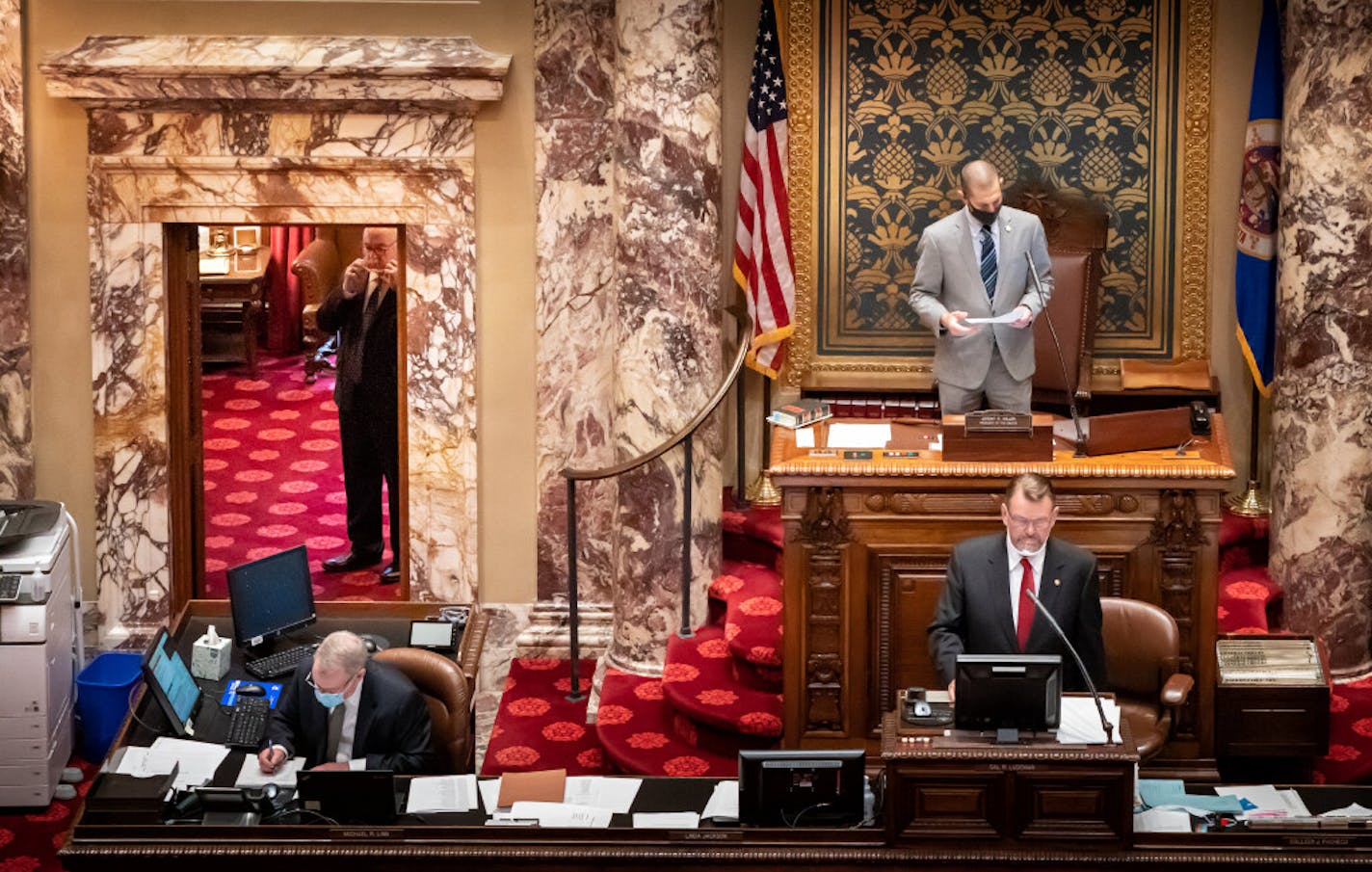 Sen. David Tomassoni, DFL-Chisholm waited in the retiring room while outgoing Senate President Jeremy Miller, R-Winona, conducted the vote that would name Tomassoni as his successor on Thursday, Nov. 12.