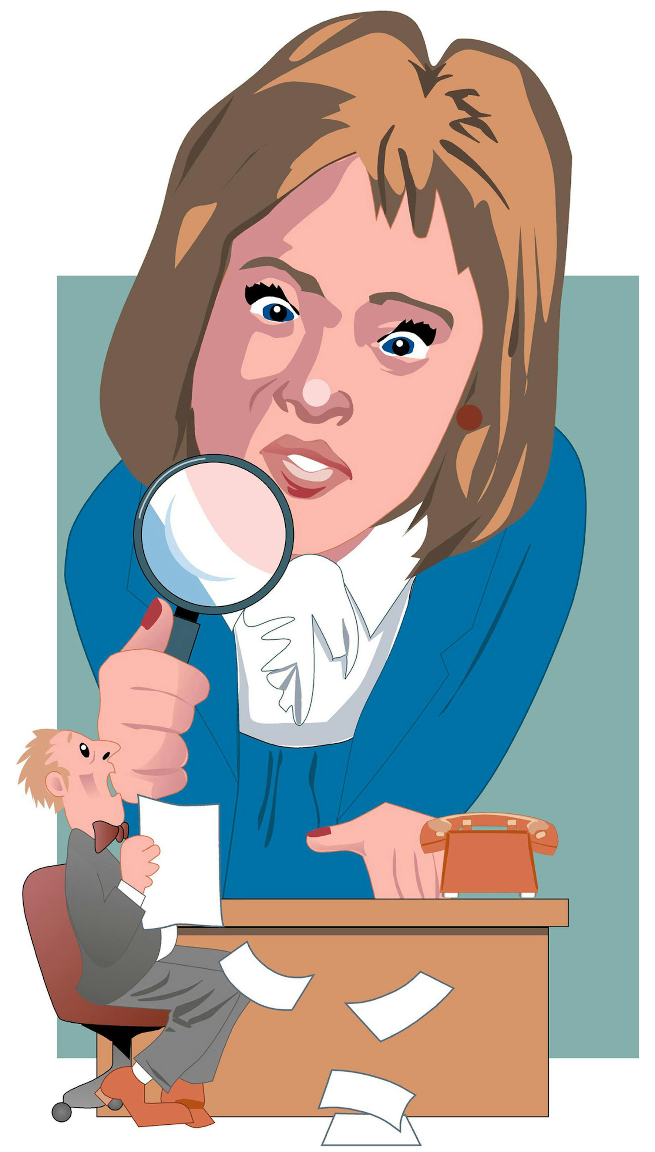 300 dpi Lisa Young illustration of woman closely screening a job applicant. The Bradenton Herald 1995<p> krtnational national; krtworld world; krt; krtcampus campus; mctillustration; 04018000; 09003001; 09003004; employment; FIN; krtlabor labor; LAB; labor market; occupation; work force; worker; br contributed young; evaluation evaluating; hiring; job applicant; job screening; 1995; krt1995 ORG XMIT: 1102938