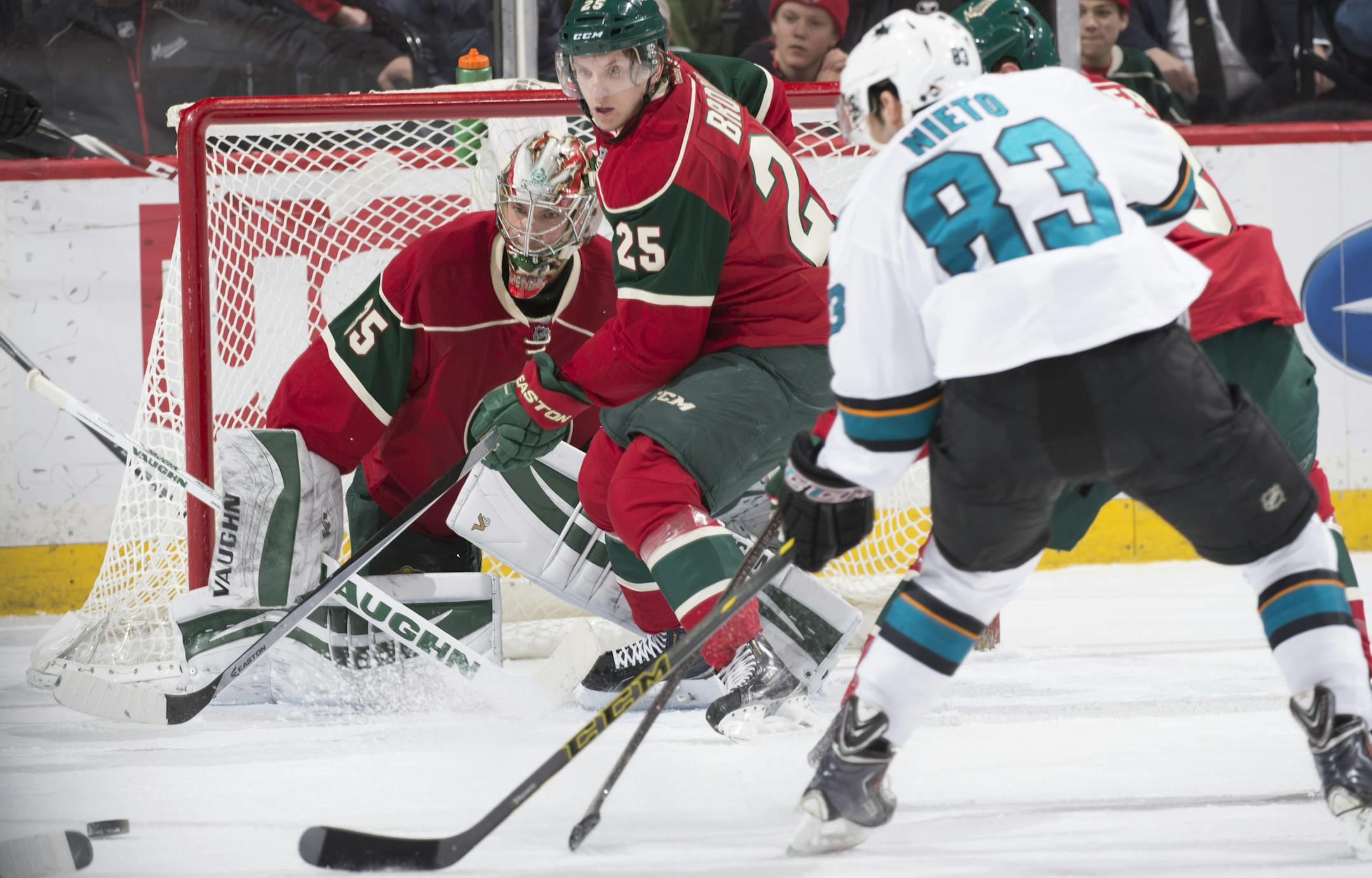 Minnesota Wild goalie Darcy Kuemper (35) and defenseman Jonas Brodin (25) eye the puck on a San Jose power play toward the end of the first period. ] (Aaron Lavinsky | StarTribune) The Minnesota Wild take on the San Jose Sharks Tuesday, Jan. 6, 2014 at Xcel Energy Center in St. Paul.