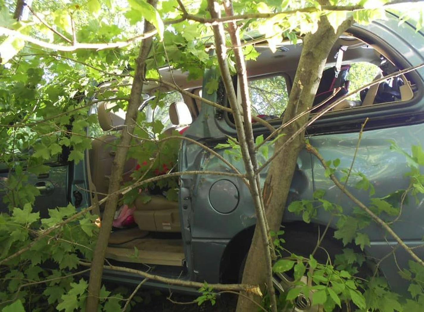 The van became lodged in the trees, &#x201c;partially suspended ... above the ground,&#x201d; the Duluth police chief said. Credit: Duluth Police Department