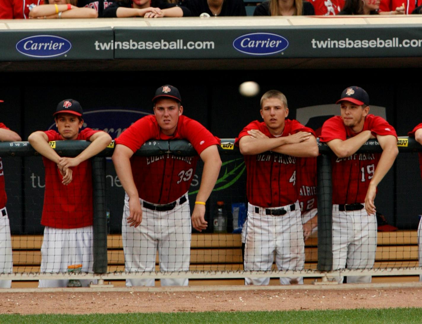 MARLIN LEVISON * mlevison@startribune.com June 19, 2010 - GENERAL INFORMATION: State Boys High School League Baseball Tournament. Class 3A. Bursnville vs. Eden Prairie. Eden Prairie won the title. IN THIS PHOTO-Eden Prairie players and fans watched the play on the field - the first time the tournament has been played at Target Center.