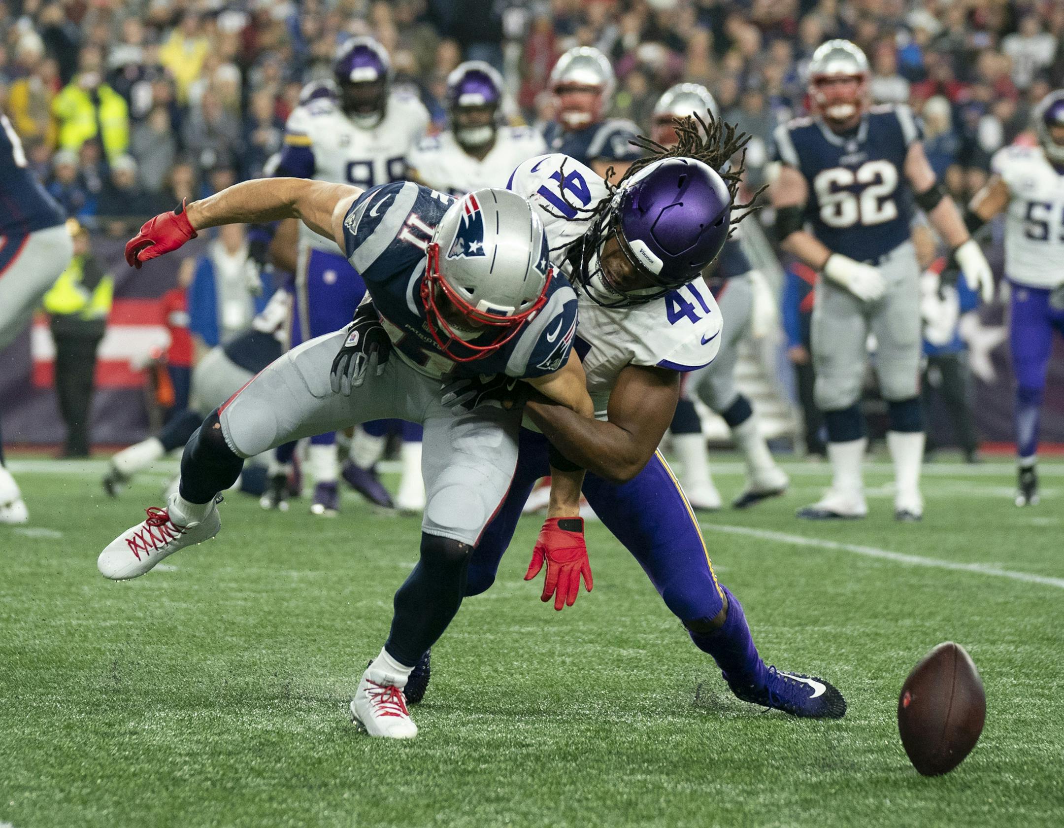 Minnesota Vikings defensive back Anthony Harris (41) breaks up a second quarter pass to New England Patriots wide receiver Julian Edelman (11), forcing the Patriots to settle for a field goal on Sunday, Dec. 2, 2018 at Gillette Stadium in Foxborough, Mass. (Jeff Wheeler/Minneapolis Star Tribune/TNS) ORG XMIT: 1250940 ORG XMIT: MIN1812021724111633
