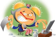 David Miller illustration of Uncle Sam frantically trying to finish his taxes before the deadline.