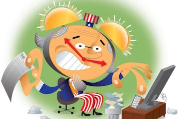 David Miller illustration of Uncle Sam frantically trying to finish his taxes before the deadline.