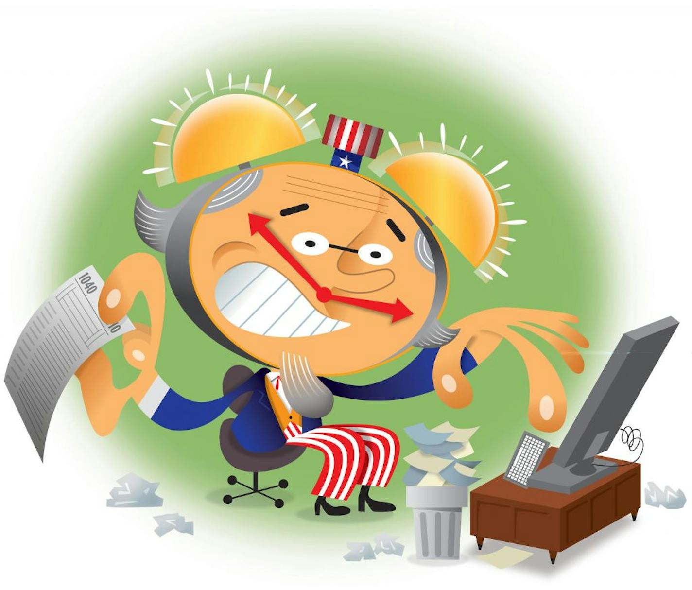 David Miller illustration of Uncle Sam frantically trying to finish his taxes before the deadline.