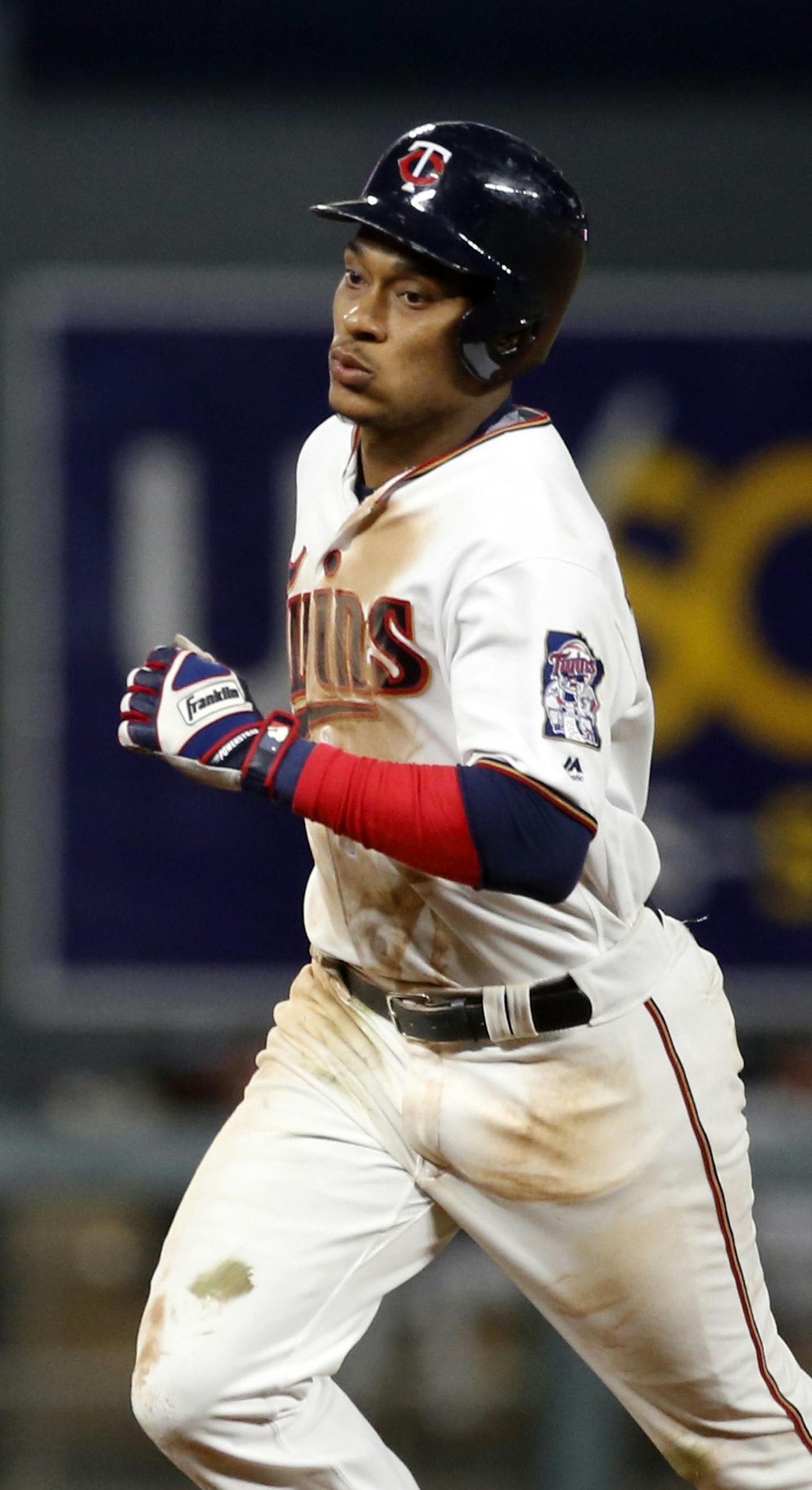 Minnesota Twins' Jorge Polanco rounds the base path on a solo home run off Chicago White Sox pitcher Aaron Bummer in the seventh inning of a baseball game Tuesday. Aug. 29, 2017, in Minneapolis. The Twins won 6-4. Polanco also homered in the third inning. (AP Photo/Jim Mone)