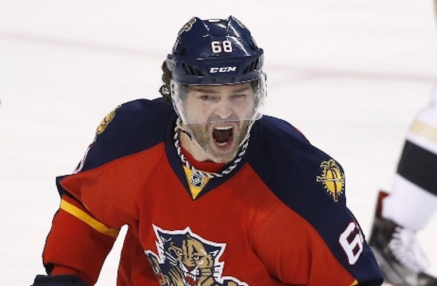 Florida Panthers right wing Jaromir Jagr (68) reacts after a play during the first period of an NHL hockey game against the Pittsburgh Penguins, Monday, Feb. 15, 2016 in Sunrise, Fla.