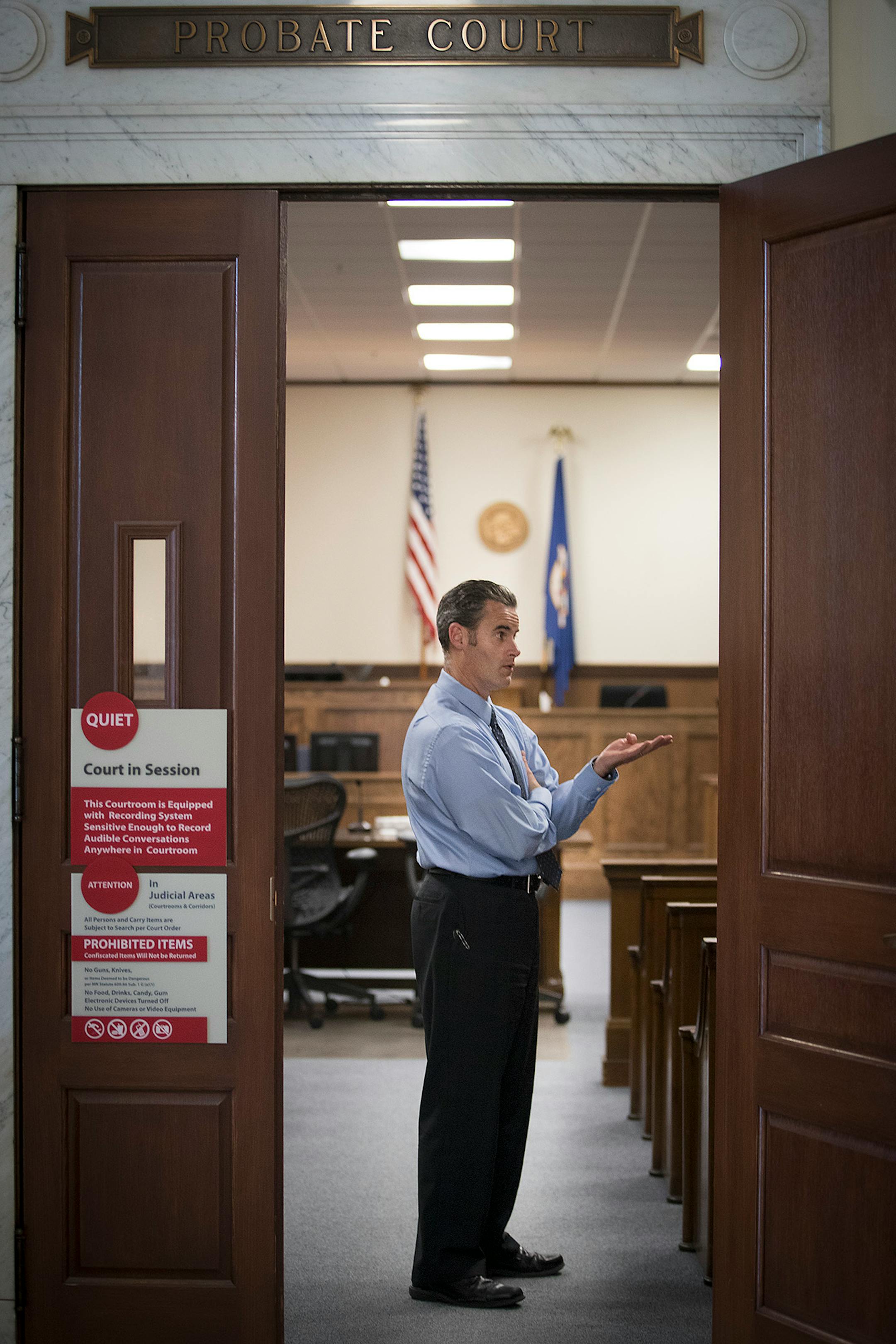 Duluth Judge Shaun Floerke chatted with a defendant after DWI court, Friday, August 11, 2017 in Duluth, MN.
