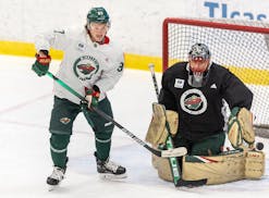 Kirill Kaprizov and Marc-André Fleury of the Minnesota Wild during practice Thursday.