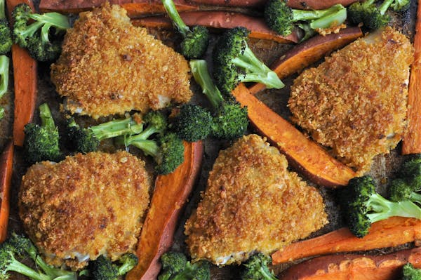 Sheet-Pan Crispy Cornflake Chicken with Sweet Potatoes and Broccoli.