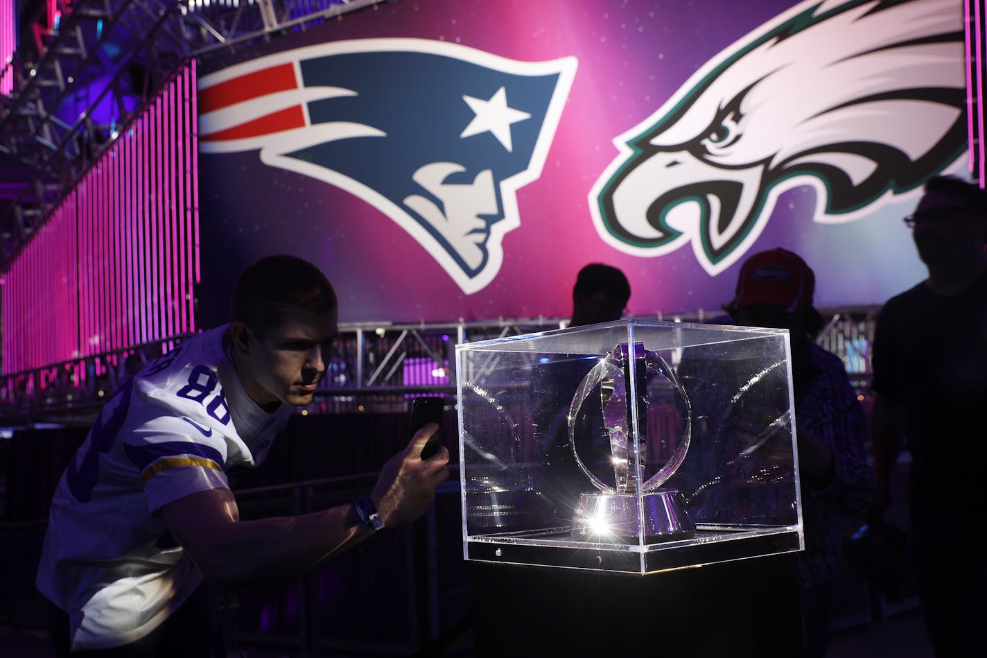 The NFC and AFC Championship trophies were on hand for fans to photograph after their turn with the Vince Lombardi Trophy at the Super Bowl Experience at the Minneapolis Convention Center.