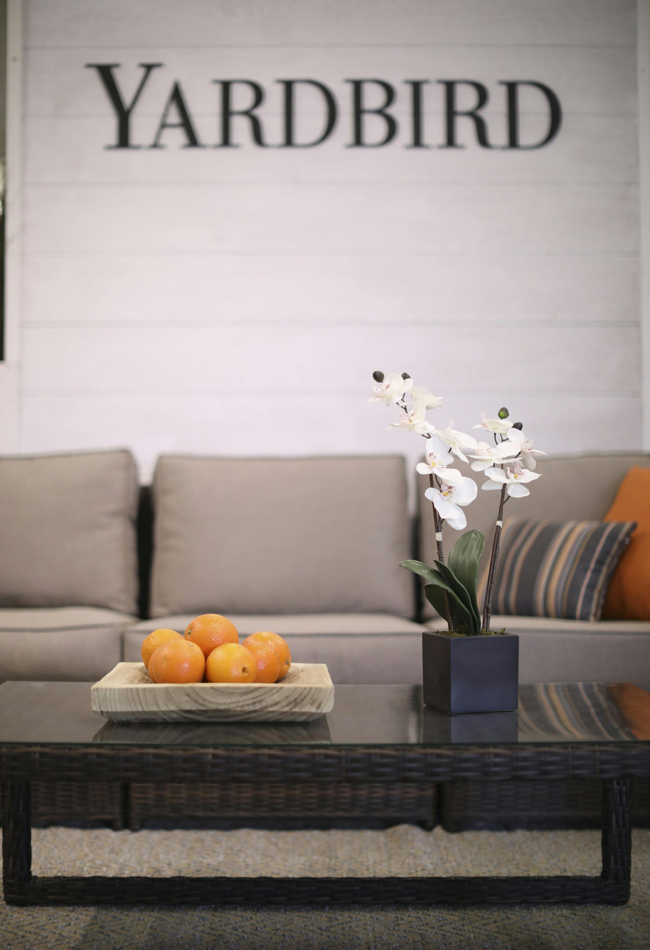 A sectional couch and coffee table with Sunbrellla fabric cushions. ] JEFF WHEELER ï jeff.wheeler@startribune.com Yardbird, a new patio furniture concept in St. Louis Park, photographed Wednesday, April 5, 2017 is offering outdoor furniture with the quality of national retailers but at half the price due. Jay Dillon and his father, Bob Dillon will hold a soft opening this weekend and a grand opening next weekend.