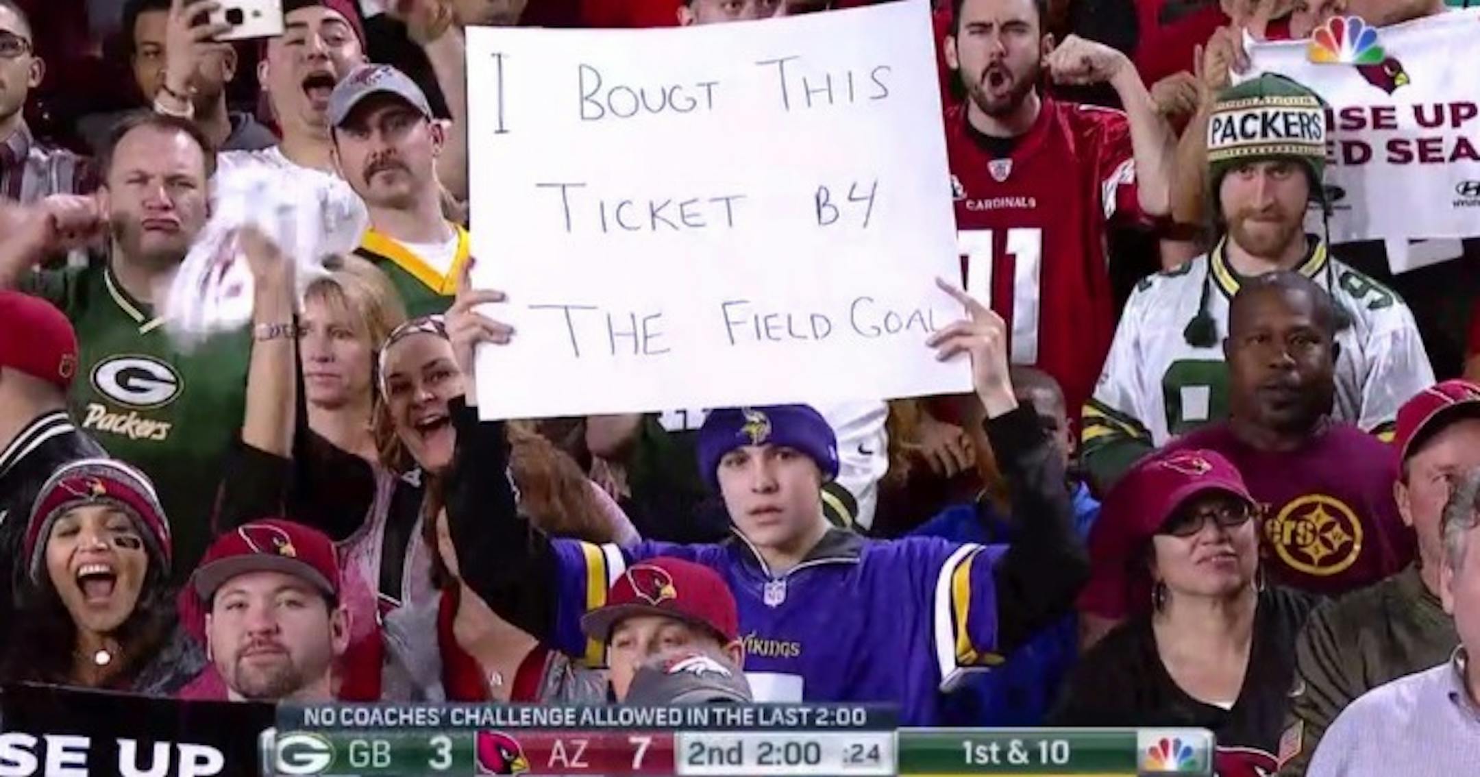 17-year-old Eastview High School senior Cullen Lynch had his 15 minutes of fame when he dressed in Vikings gear and brought this sign to the Packers/Cardinals playoff game and got on TV. Photo courtesy of @SNFonNBC Twitter feed (they gave us permission to use that frame grab and asked that this be the credit)