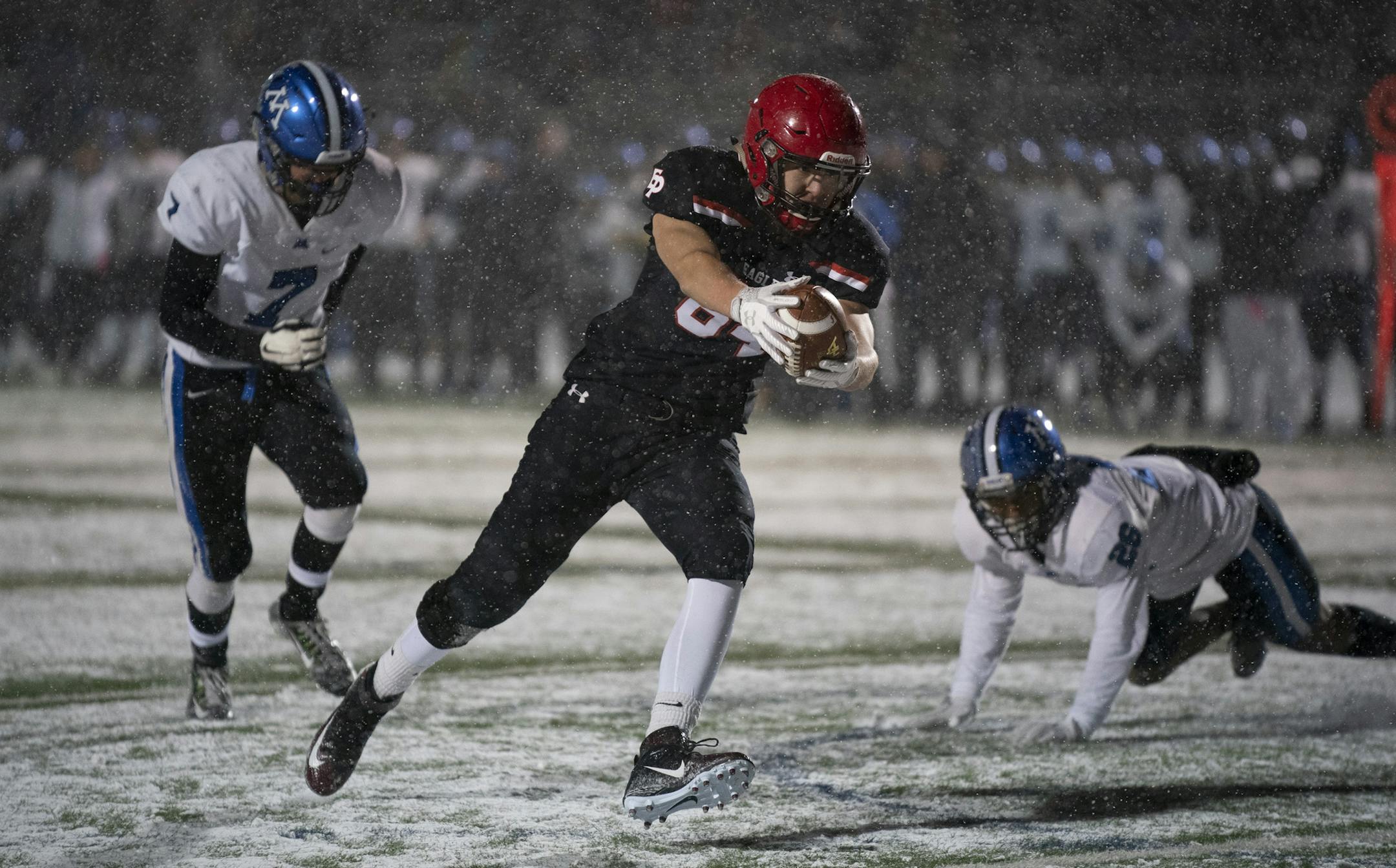 Eden Prairie's Matt Sherman caught a short pass and scored what proved to be the winning touchdown in the third quarter against Minnetonka. ] JEFF WHEELER ï jeff.wheeler@startribune.com Eden Prairie defeated Minnetonka 15-13 in their Class 6A football quarterfinal playoff game Thursday night, November 8, 2018 at Chanhassen High School.