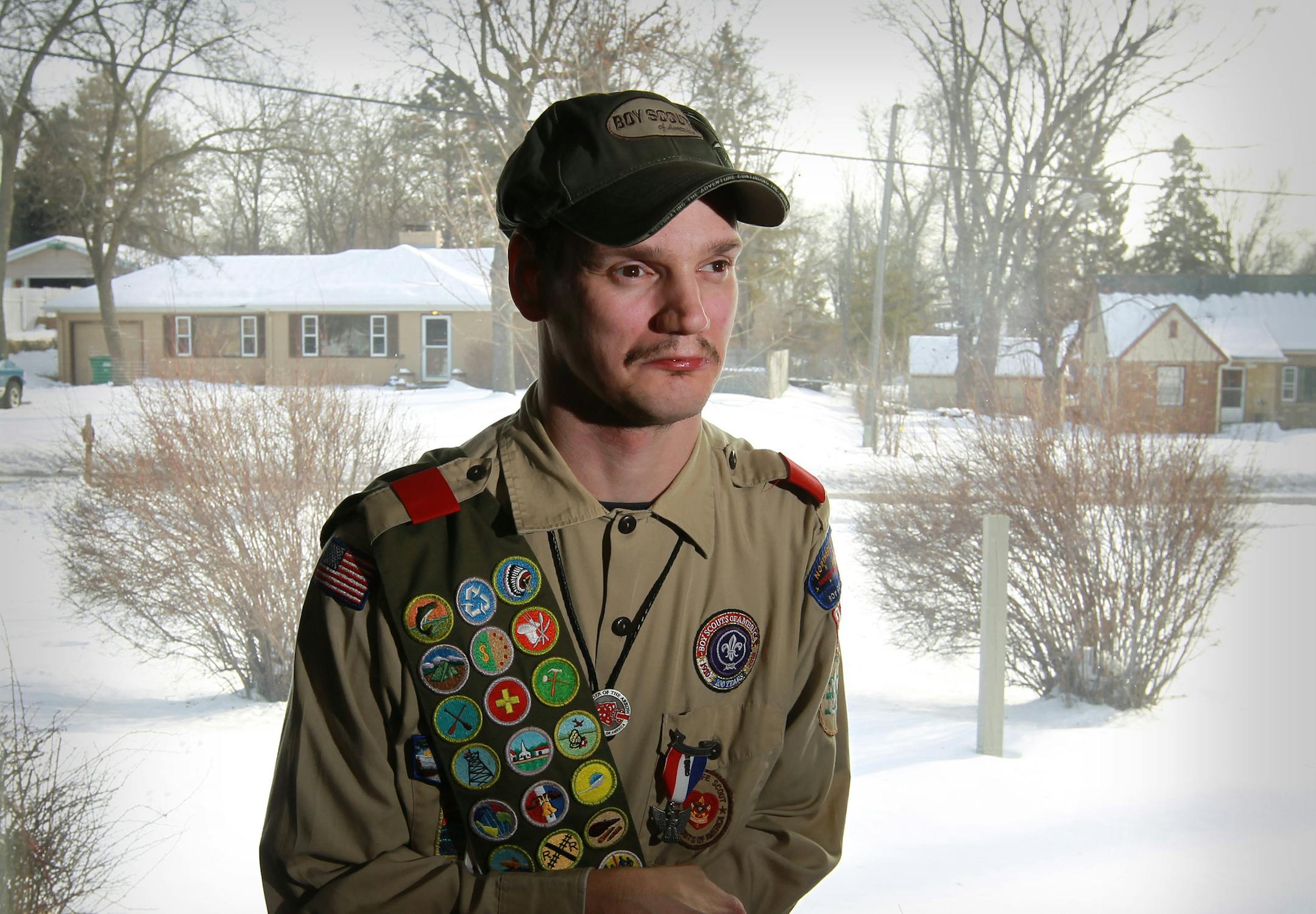 David Spragg, 43, recently achieved the Eagle Scout ranking from the Boy Scouts. He achieved the honor despite the fact that he has cerebral palsy. ] TOM WALLACE • twallace@startribune.com _ Assignments #20027754A_ February 20, 2013_ SLUG: 90980 543036 noSCOUT022713_ EXTRA INFORMATION: Golden Valley resident David Spragg recently achieved the Eagle Scout ranking from the Boy Scouts. He's also 43 and achieved the honor despite the fact that he has cerebral palsy and lives in a group home.