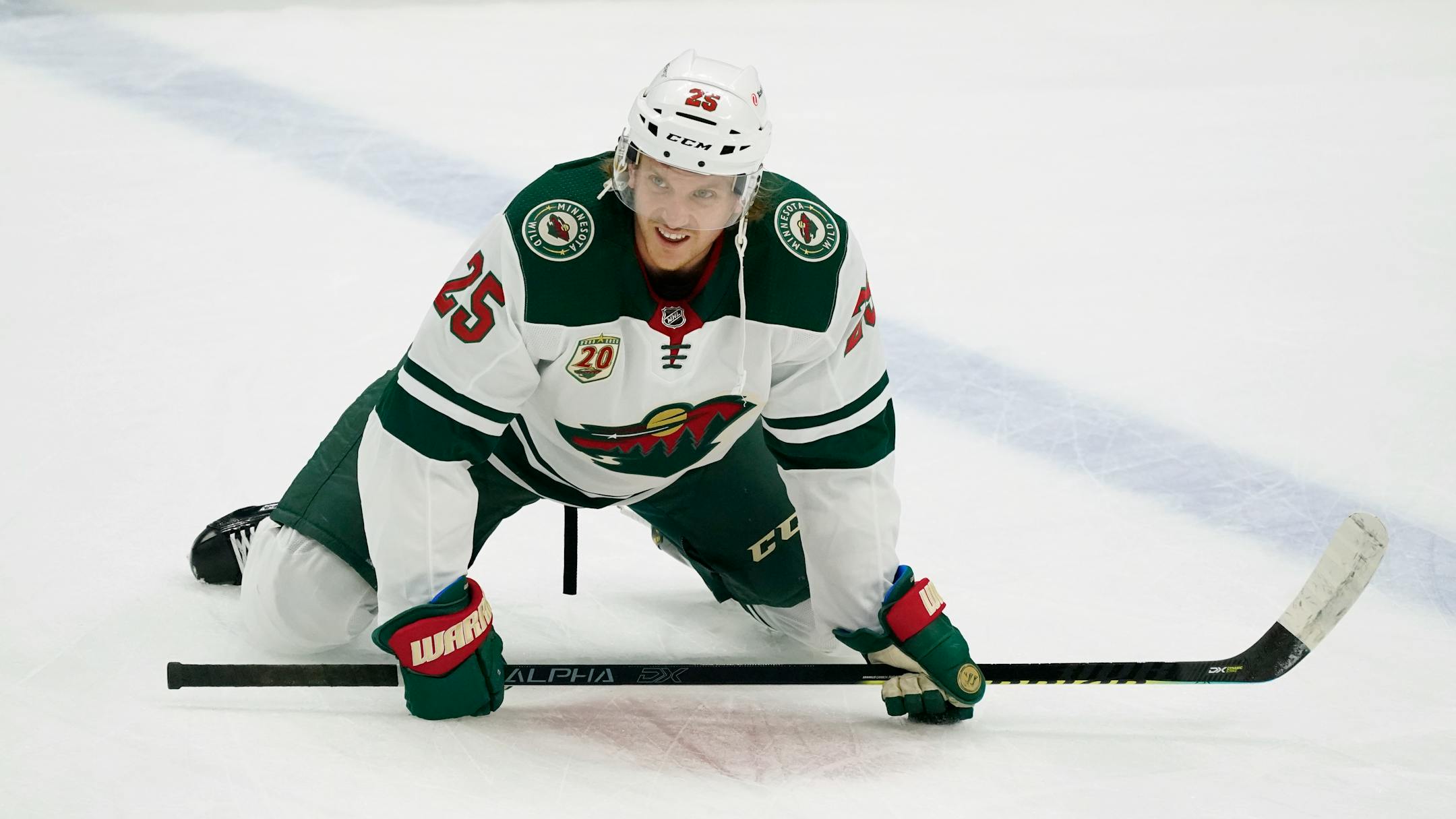 Minnesota Wild defenseman Jonas Brodin warms up before an NHL hockey game against the Anaheim Ducks Monday, Jan. 18, 2021, in Anaheim, Calif. (AP Photo/Marcio Jose Sanchez)
