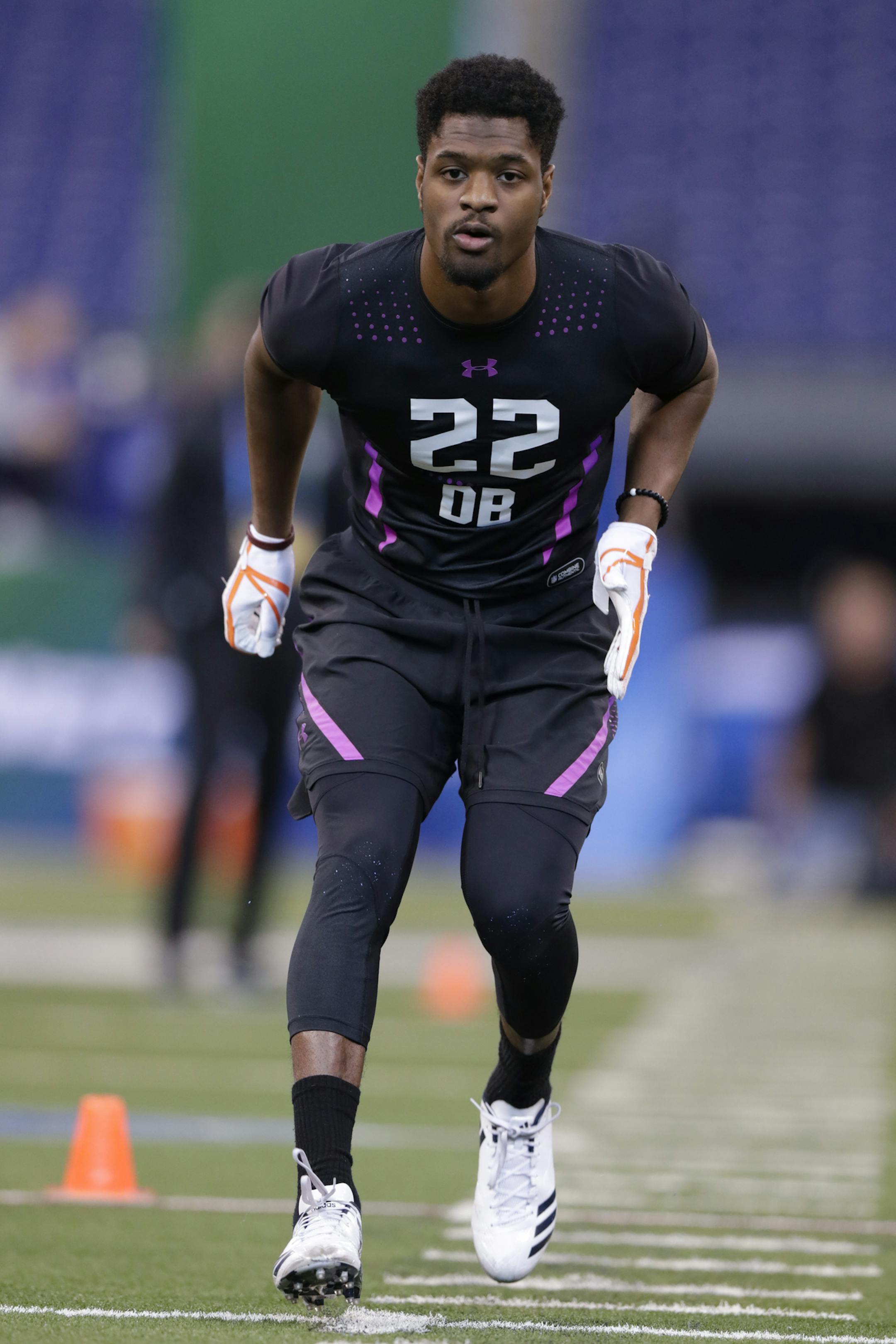 Dubuque defensive back Michael Joseph runs a drill at the NFL football scouting combine in Indianapolis, Monday, March 5, 2018. (AP Photo/Michael Conroy) ORG XMIT: INMC10