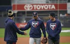 Minnesota Twins second baseman Luis Arraez walked off he field after he fielded grounders in the drizzle at Yankee Stadium Thursday afternoon.