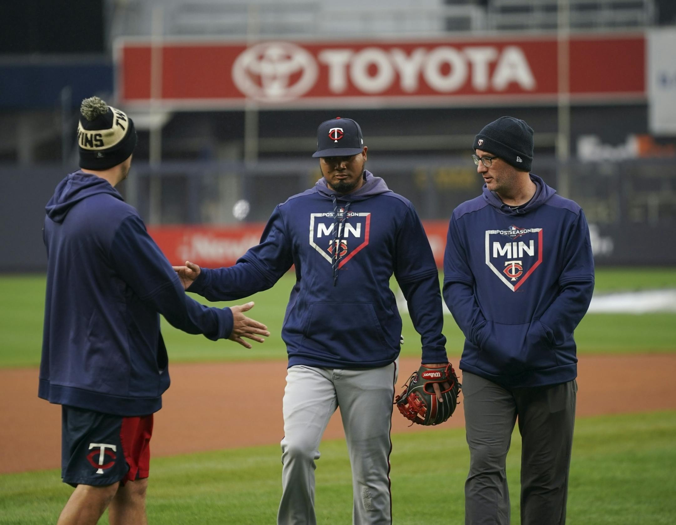 Minnesota Twins second baseman Luis Arraez walked off he field after he fielded grounders in the drizzle at Yankee Stadium Thursday afternoon.
