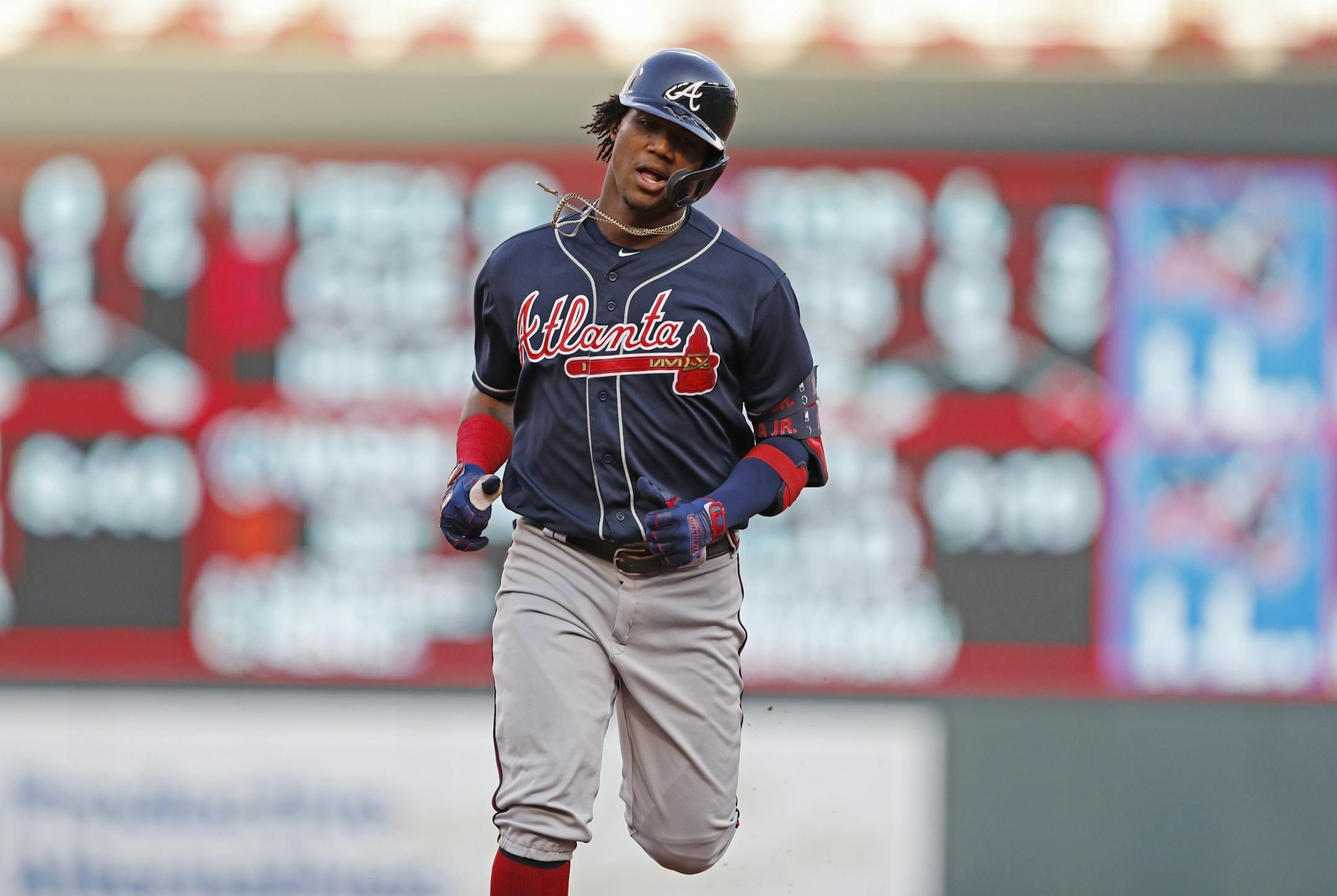 Atlanta Braves right fielder Ronald Acuna Jr. (13) hit a home run on the first pitch of the first inning.