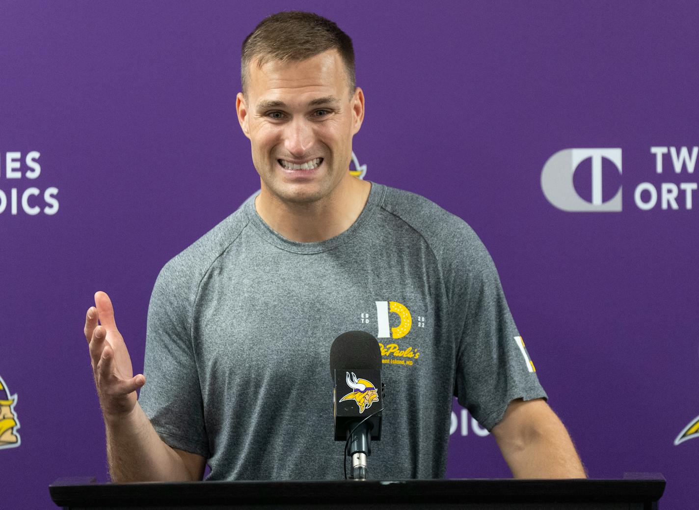 Minnesota Vikings quarterback Kirk Cousins speaks during a press conference Wednesday, May 03, 2023, at TCO Performance Centerl in Eagan, Minn. ]