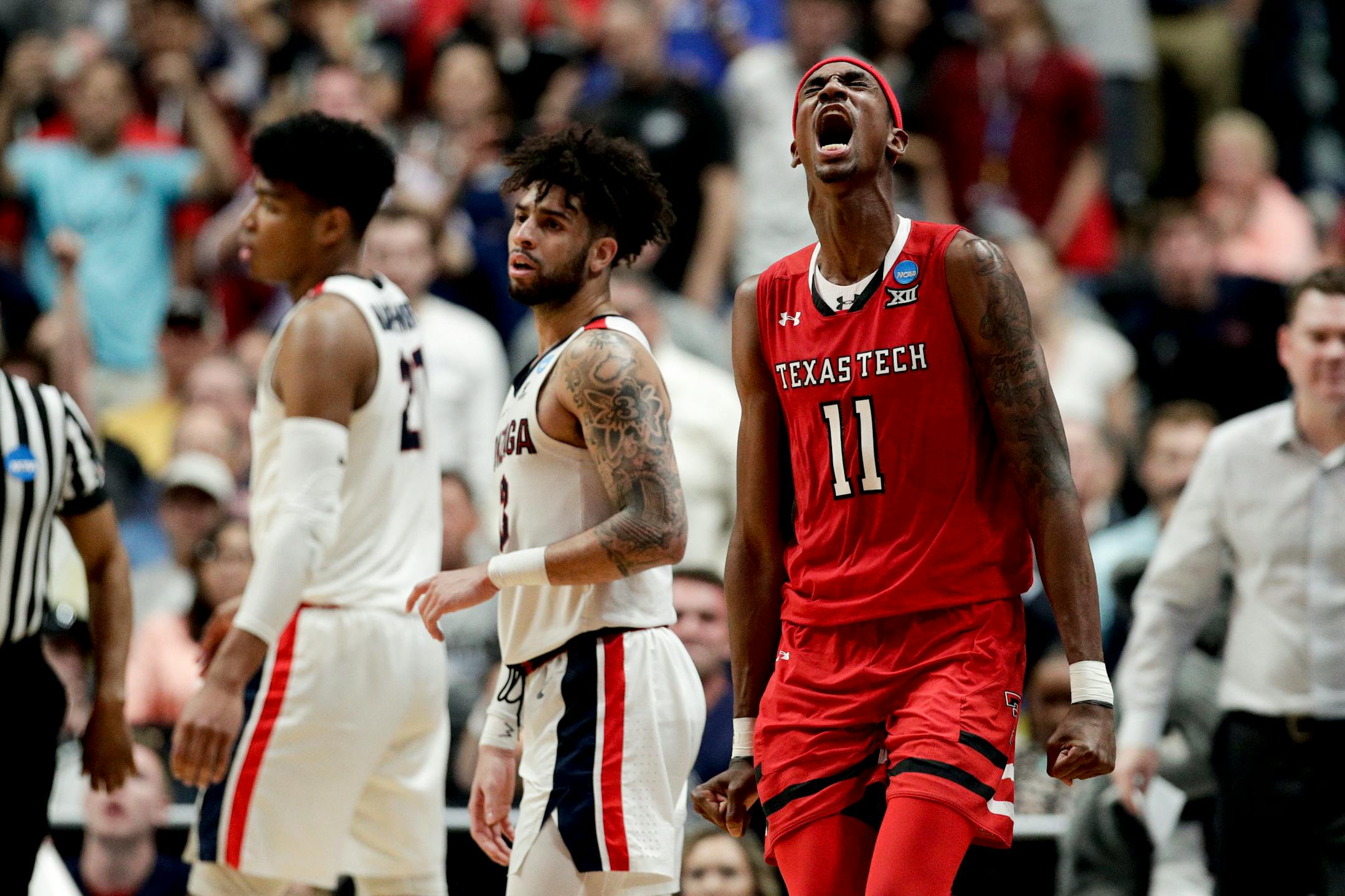 Forward Tariq Owens illustrated the intensity of Texas Tech's defense as he celebrated a blocked shot against Gonzaga in the second half of the Red Raiders' 75-69 victory in the West Region final.