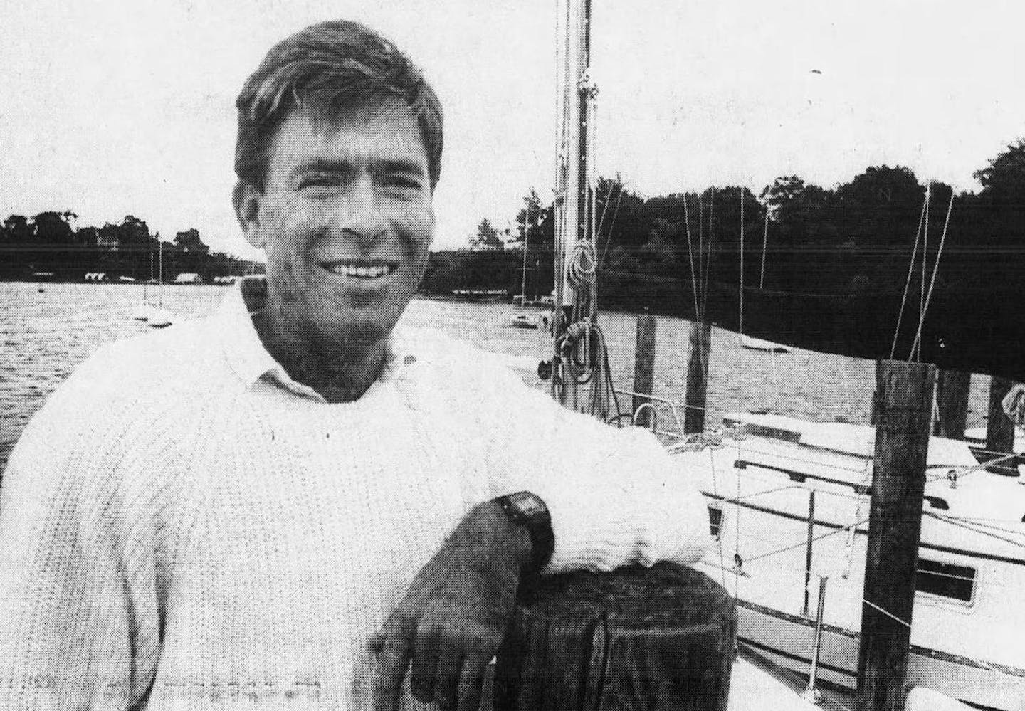 Mike Plant, a Deephaven native, poses on the Wayzata Yacht Club dock for a May 26, 1987 Minneapolis Star and Tribune article on returning to sail on Lake Minnetonka after winning an international sailing race.