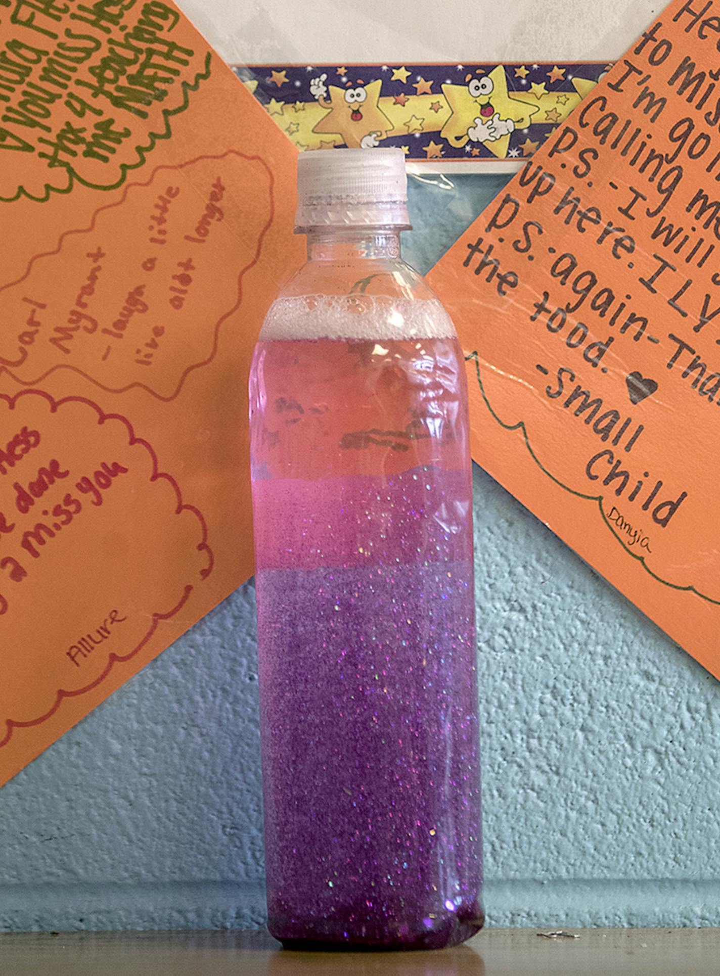 A "Calm Down Bottle" or a "Peace Corner" can be found in each classroom at Marcus Garvey Elementary School, Tuesday, March 21, 2017 in Chicago, IL. The glitter bottles are placed to help students calm their emotions. ] ELIZABETH FLORES &#xef; liz.flores@startribune.com