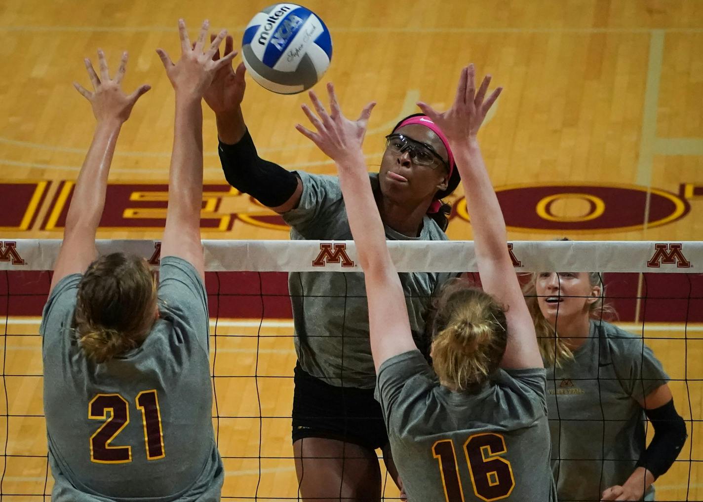 Middle blocker Taylor Morgan hit the ball through blockers Regan Pittman (21) and Ellie Husemann (16). ] Shari L. Gross &#xa5; shari.gross@startribune.com The University of Minnesota volleyball team held an intra-squad scrimmage inside the Maturi Pavilion on Saturday, Aug. 24, 2019.
Hot topic: How will the Gophers replace Triple-S at setter? (tentative run date) The U got an experienced transfer, UCLA's Kylie Miller as a stopgap because a top recruit is expected to fill the role in 2021. 22" BLO