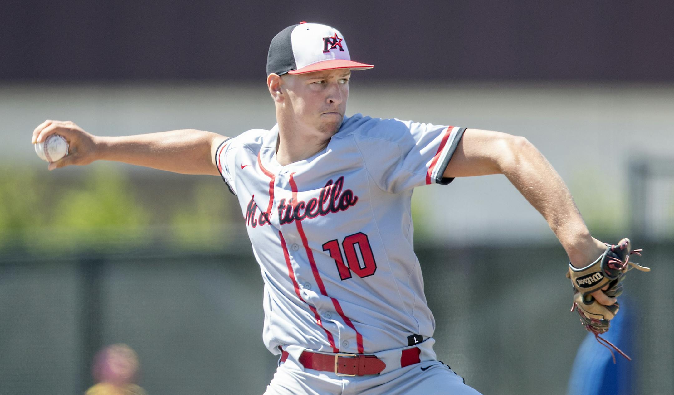 Monticello's pitcher Ethan Bosacker took to the mound during the seventh inning as they took on Duluth Denfeld in their match-up of the Class 3A baseball quarterfinals at the U of M's Siebert Field, Thursday, June 13, 2019 in Minneapolis, MN. ] ELIZABETH FLORES • liz.flores@startribune.com