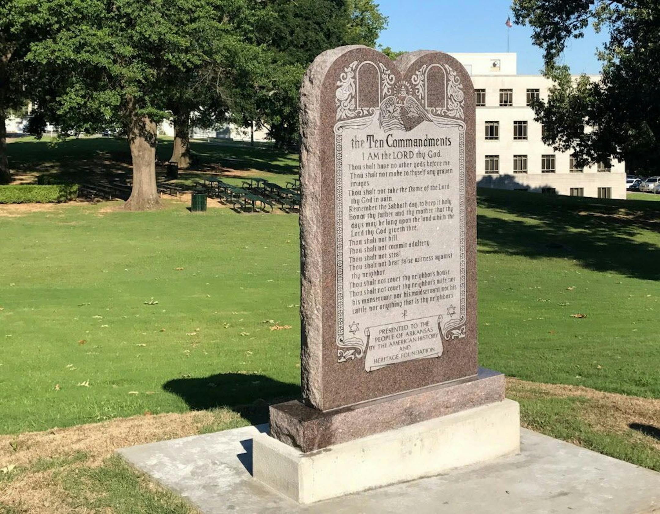 A 6-foot-tall privately funded Ten Commandments monument is seen on the Arkansas Capitol grounds in Little Rock on Tuesday, June 27, 2017, after it was installed by workers two years after lawmakers approved a measure allowing the statue on state property.