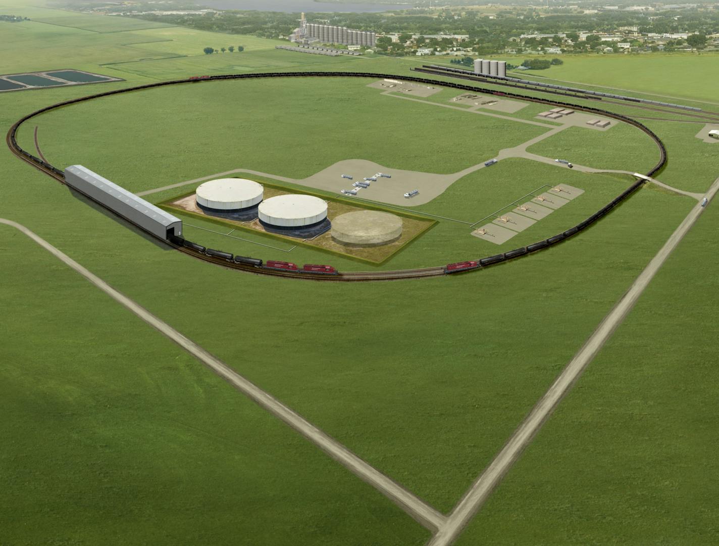 Rendering of the $50 million expansion of a crude oil loading facility in New Town, N.D.by Dakota Plains Holdings of Wayzata and Petroleum Transport Solutions. Its looped tracks will allow for easier loading of trains up to 120 tank cars, boosting daily throughput capacity of crude oil from 30,000 barrels to 80,000 barrels. The project is scheduled to be completed by December.