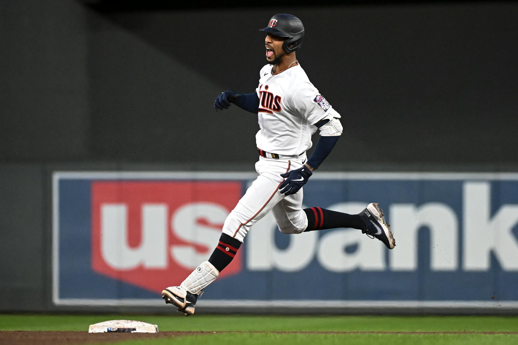 Minnesota Twins designated hitter Byron Buxton (25) celebrates his home run against the Oakland Athletics in the bottom of the fifth inning.