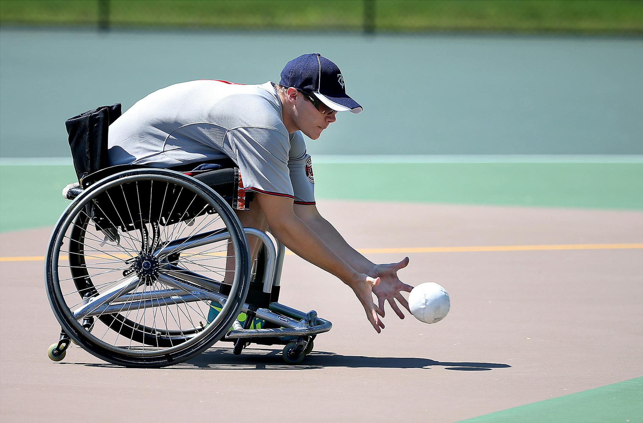 Minnesota Rolling Twins' Wyatt Halvorson fielded a ball in the infield during the first round of play in the Wheelchair Softball World Series, Thursday, August 14, 2014. ] (ELIZABETH FLORES/STAR TRIBUNE) ELIZABETH FLORES • eflores@startribune.com