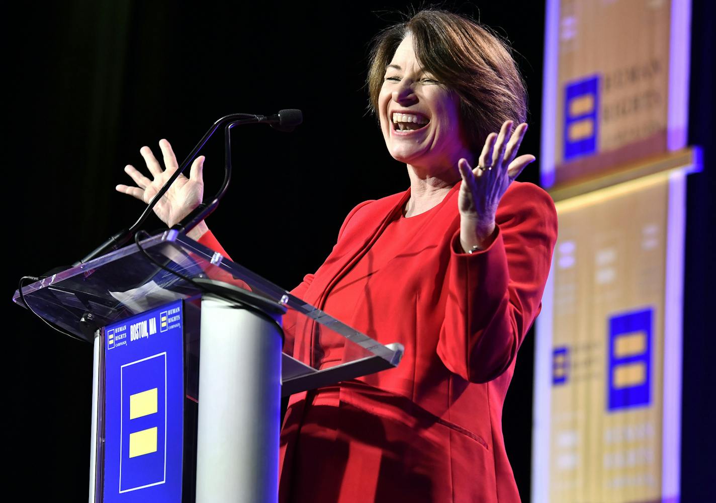 Sen. Amy Klobuchar D-Minn., speaks during the 37th annual HRC New England dinner on Saturday, Nov. 23, 2019 in Boston.