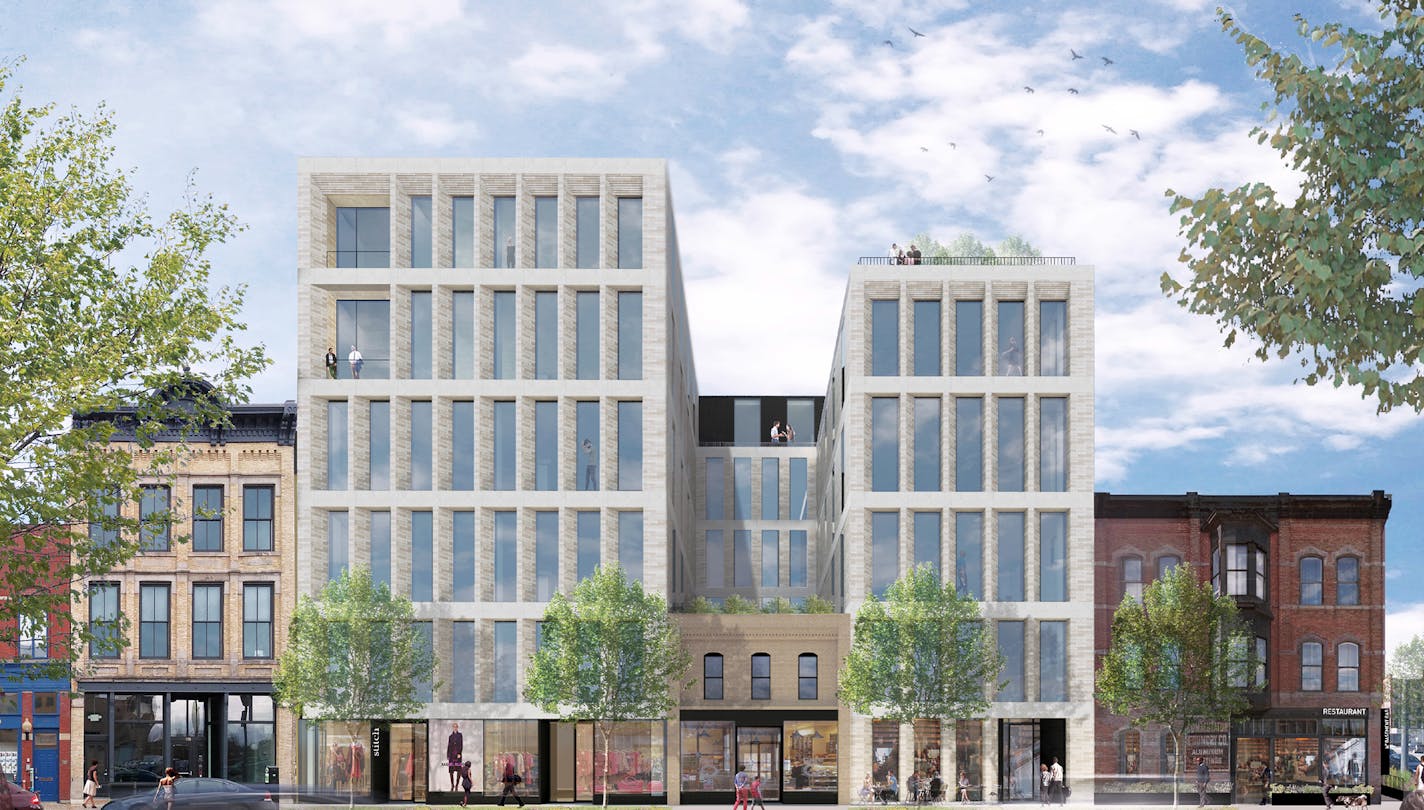 Developers want to demolish two buildings and integrate two more into the project, which will include hotel rooms, a restaurant and a couple bar/lounges. Above, an exterior rendering of the project at 121 N. 1st. St. in Minneapolis.