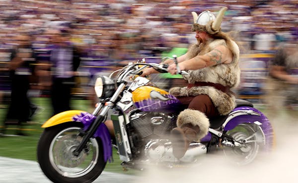 The Minnesota Vikings mascot Ragnar rode onto the field before team introductions during the Minnesota Vikings vs. Jacksonville Jaguars. September 9, 