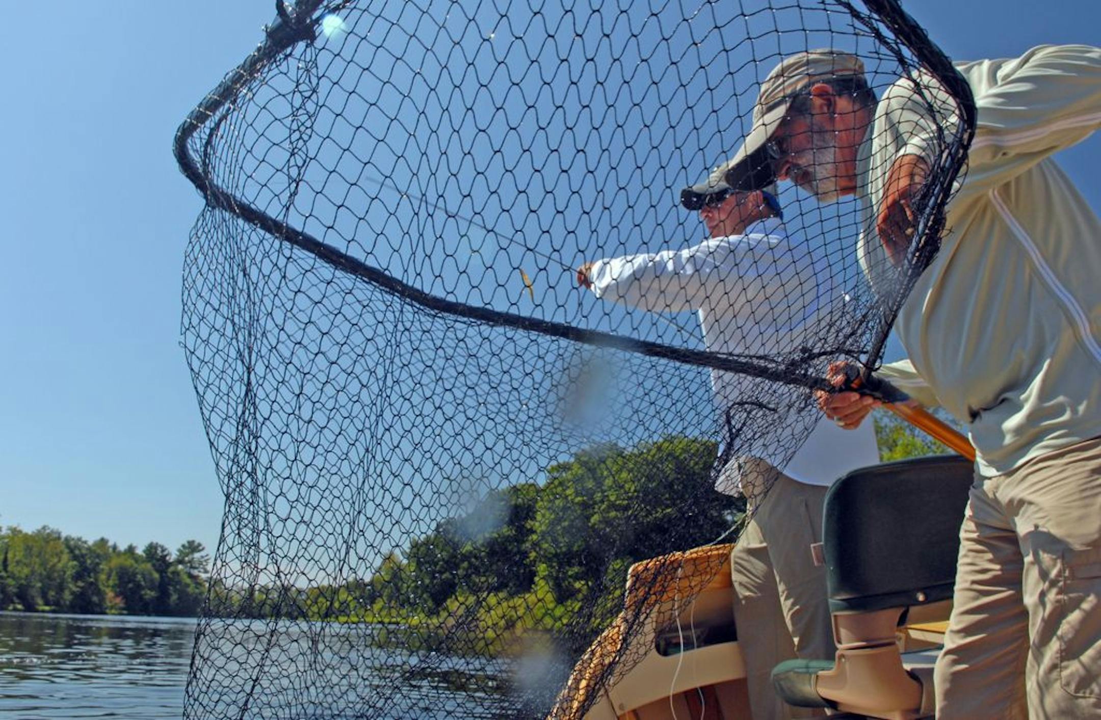 Larry Mann prepares to net a muskie hooked by Todd Sether while fly fishing on the Chippewa River in northwest Wisconsin.