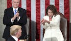 President Donald Trump turns to House speaker Nancy Pelosi of Calif., as he delivers his State of the Union address to a joint session of Congress on 
