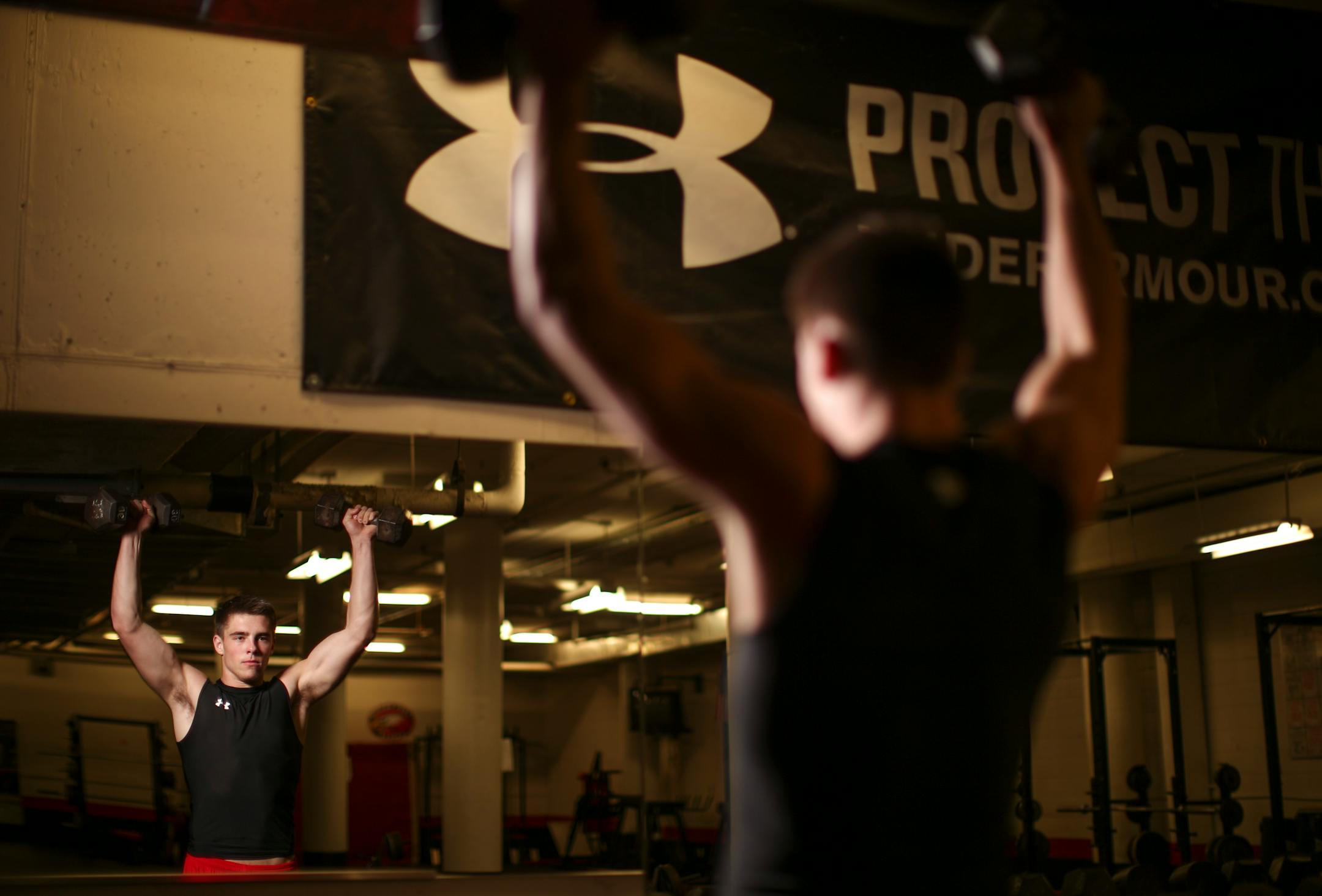 Carter Coughlin worked out in the weight room at Eden Prairie High School.