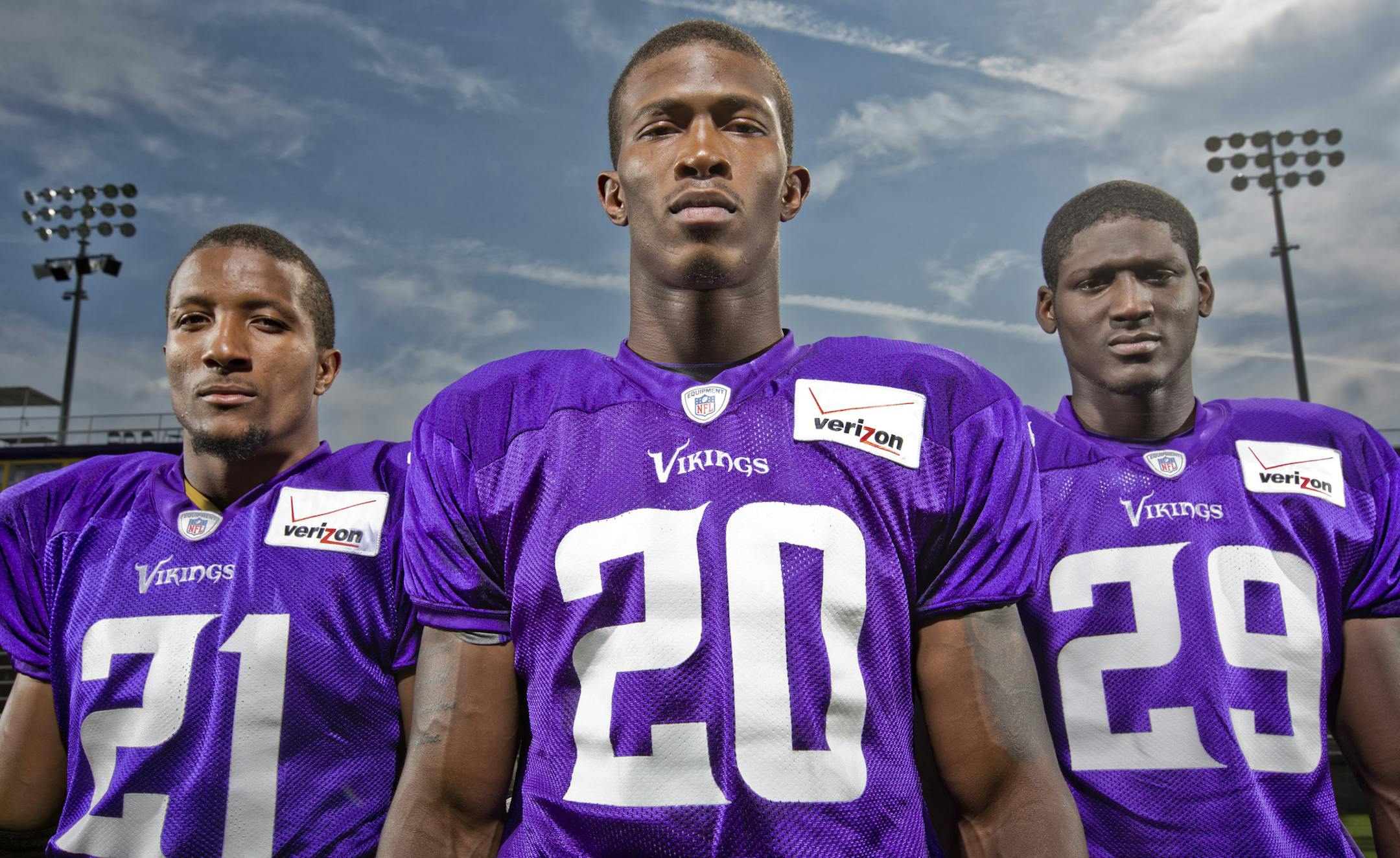 Minnesota Vikings defensive back Josh Robinson (21), Chris Cook, (20), and Xavier Rhodes (29). ] CARLOS GONZALEZ cgonzalez@startribune.com August 13, 2013, Minnesota Vikings Training Camp, Mankato, Minn., Minnesota State University, Mankato - ORG XMIT: MIN1308222120505907