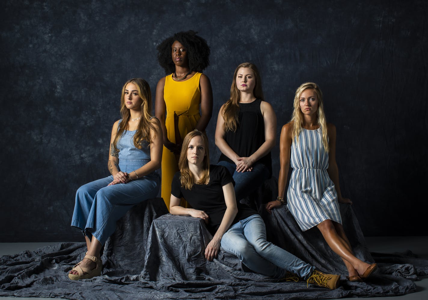 Sexual assault survivors told their stories to the Star Tribune, from left, Sarah Ortega, Florkime Payne, Melody Walton, Andrea Gram and Brooke Morath.