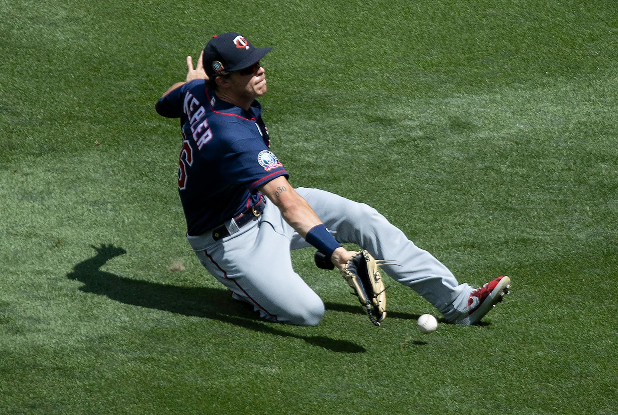 Right fielder Max Kepler came up just short of catching a ball hit by Nelson Cruz during an intrasquad game at Target Field.