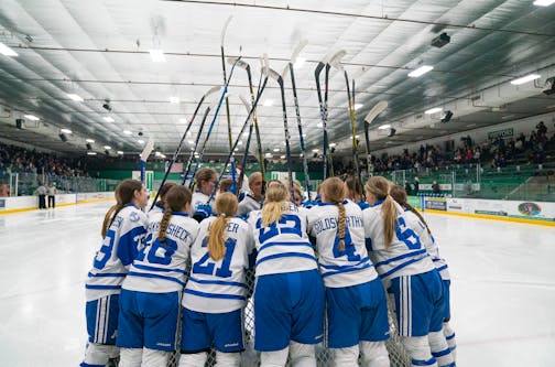 The Minnetonka girl's hockey team huddles up before taking on Holy Family in the Class 2A Section 2 girl's hockey championship.