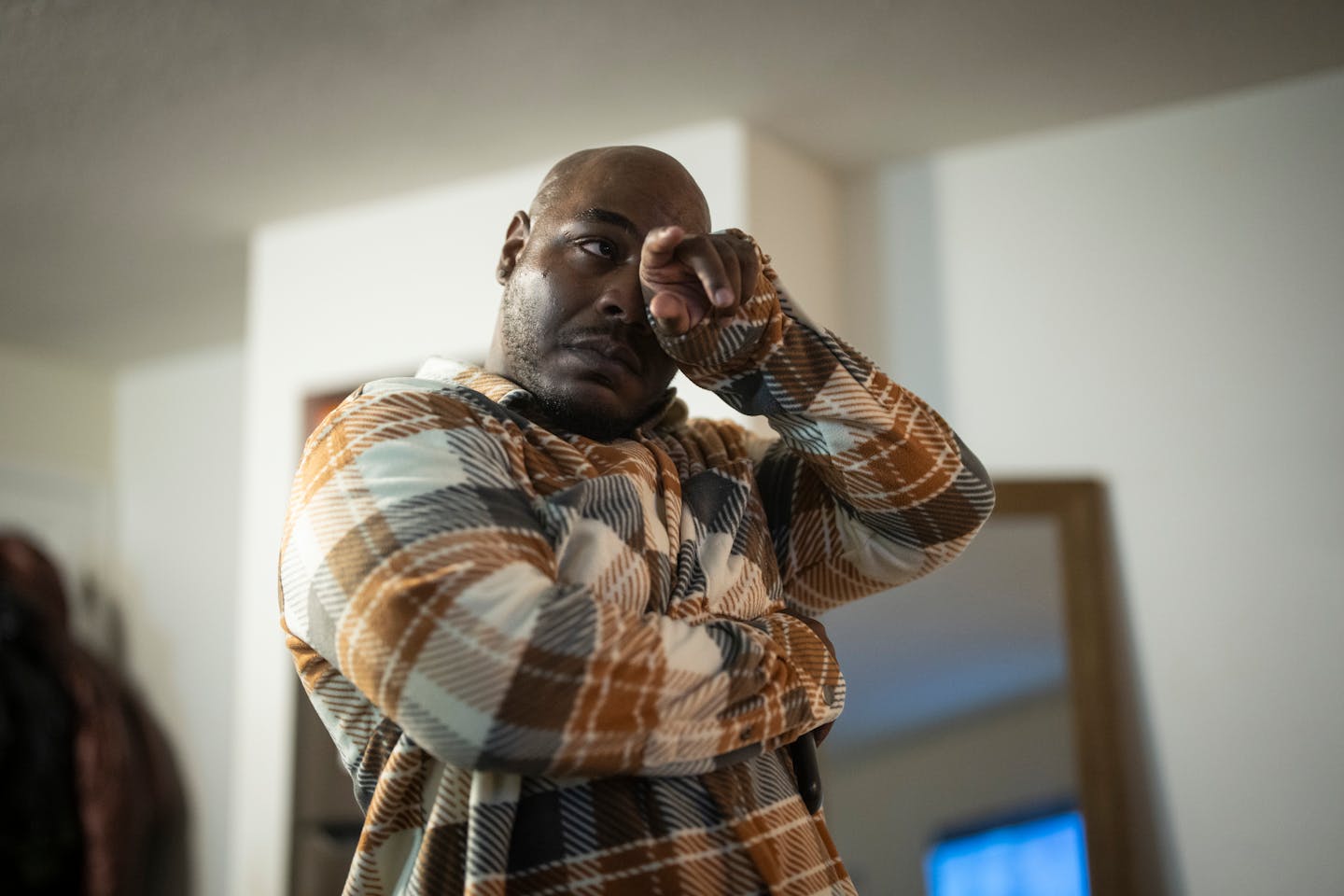 Marvin Haynes breaks down in tears as he watches his original interrogation video when he was sixteen on YouTube at his home in New Brighton, Minn. on Monday, February 5, 2024.