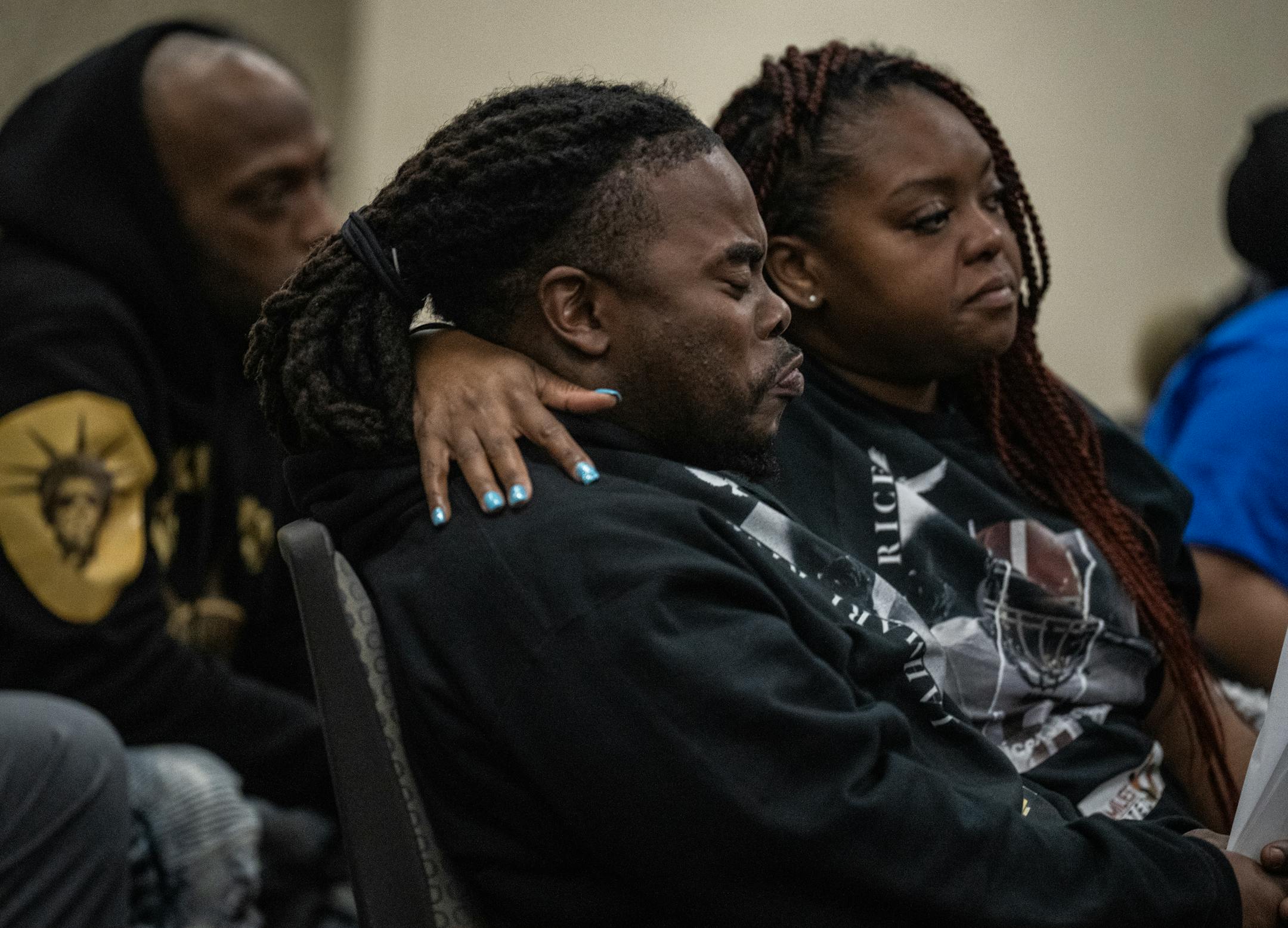 Cortez Rice reacts next to fiancé, Bianca Austin, during the sentencing of Fernando Valdez-Alvarez.