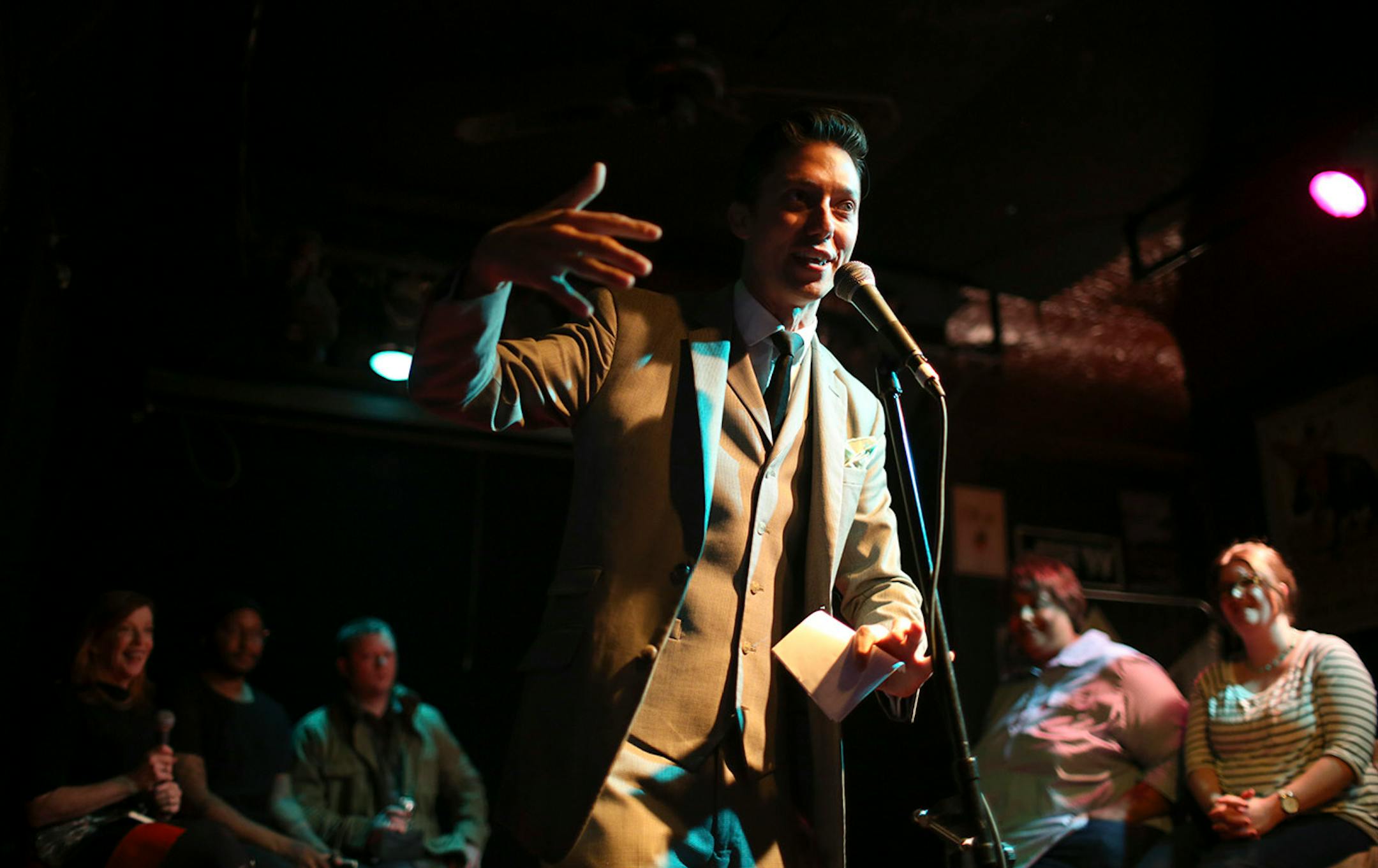 Literary Death Match emcee Adrian Todd Zuniga spoke from the stage Wednesday night at Nomad World Pub. ] JEFF WHEELER ï jeff.wheeler@startribune.com One of the off-site events at the start of the AWP Conference & Bookfair was the Literary Death Match Wednesday night, April 8, 2015 at Nomad World Pub in Minneapolis. Four writers read their work and were judged by a panel of three all star judges.