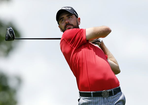 Troy Merritt tees off on the 18th hole during the second round of the Memorial golf tournament Friday, May 31, 2019, in Dublin, Ohio. (AP Photo/Jay La