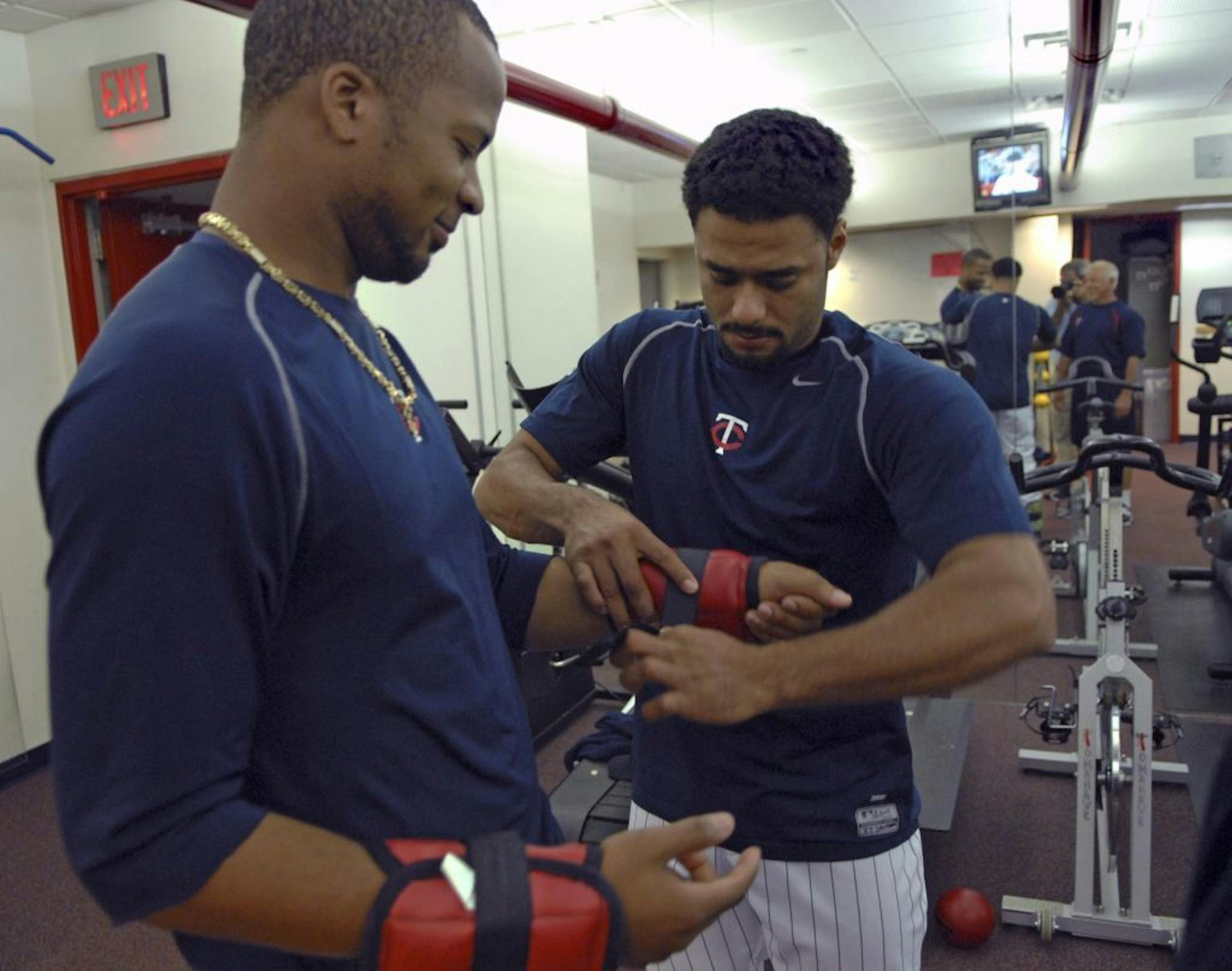 Francisco Liriano and Johan Santana in the Twins' weight room at the Metrodome in 2006.